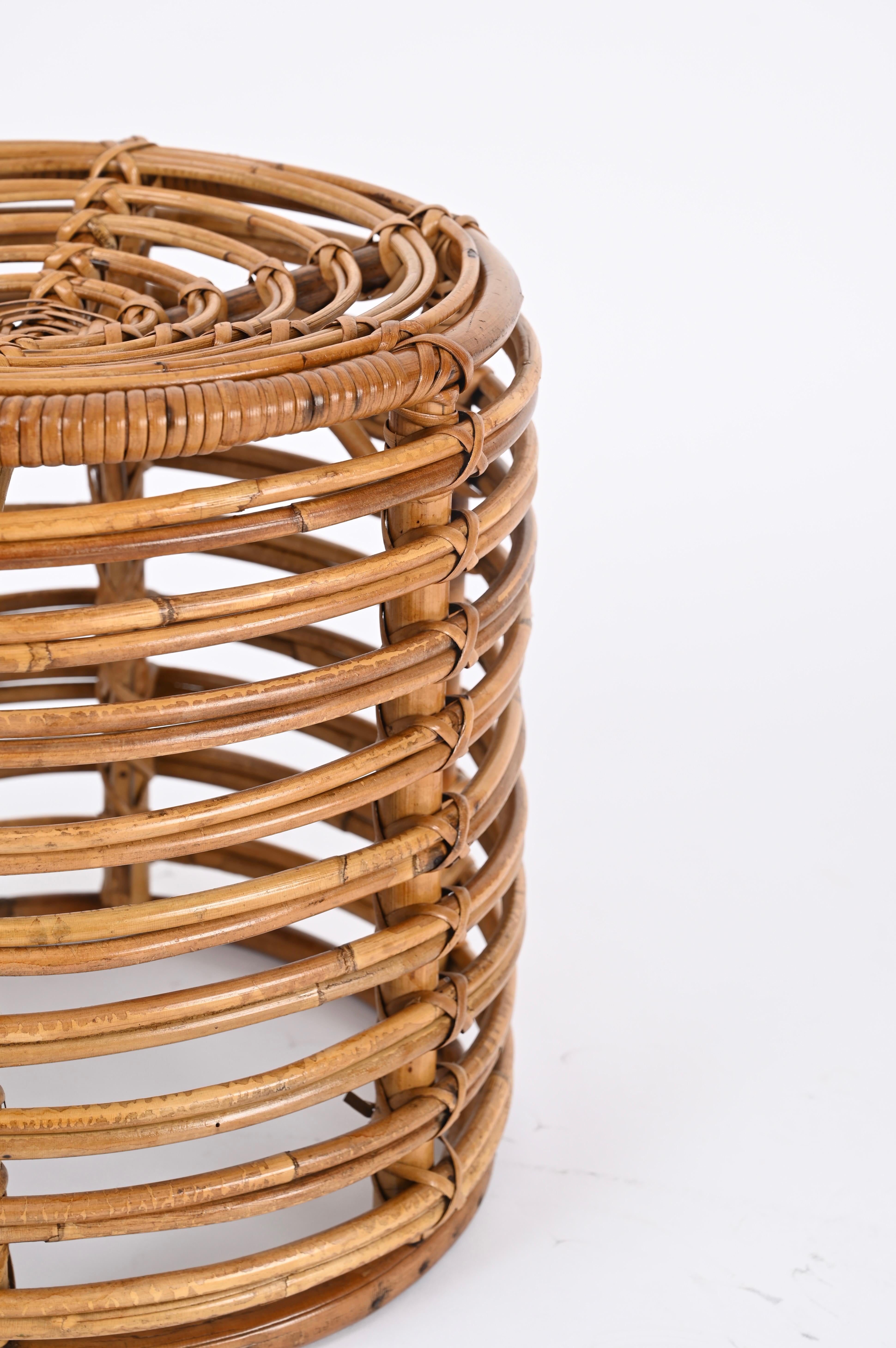 Midcentury Tito Agnoli Rattan and Wicker Round Pouf Stool, Italy, 1970s For Sale