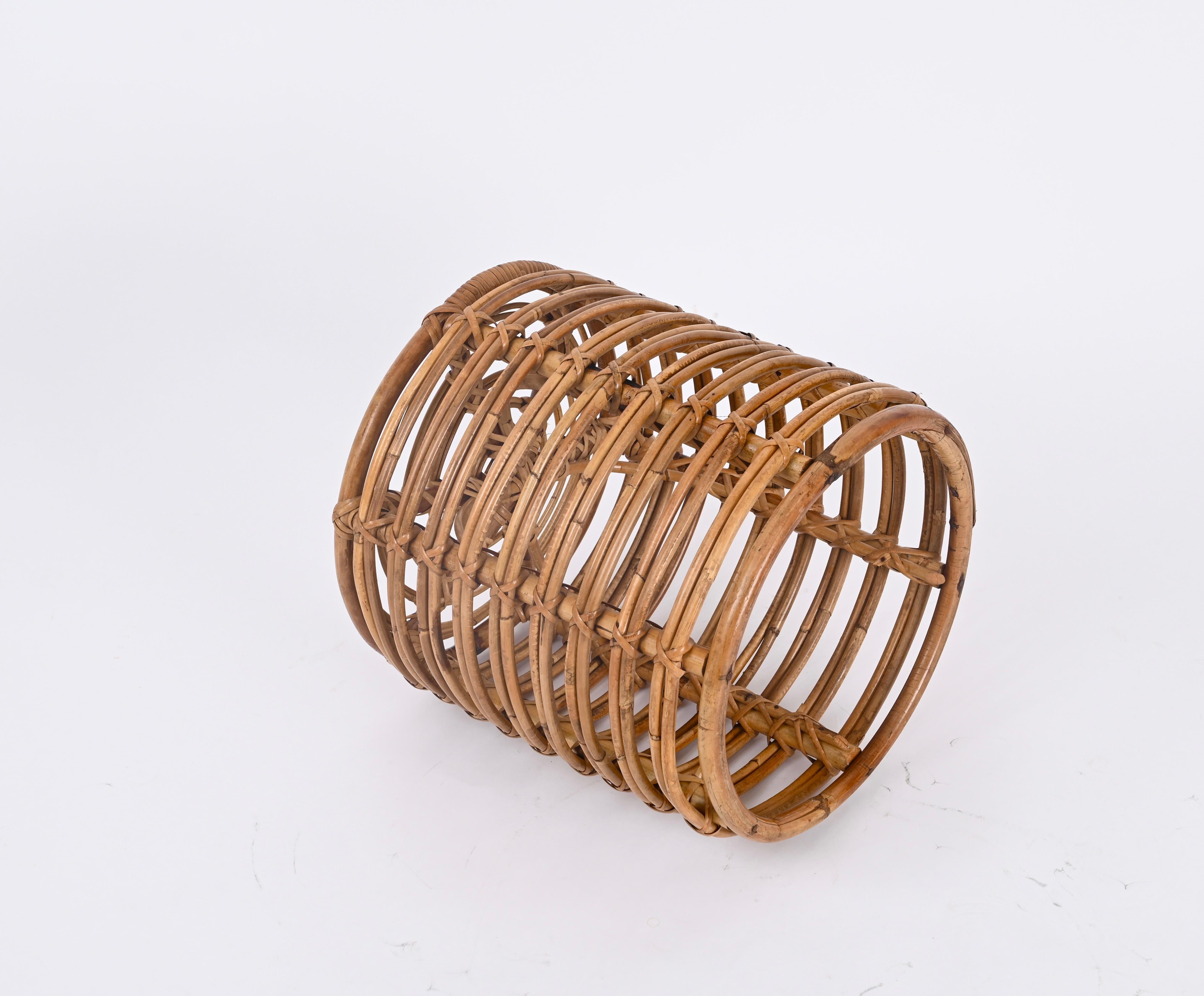 20th Century Midcentury Tito Agnoli Rattan and Wicker Round Pouf Stool, Italy, 1970s For Sale
