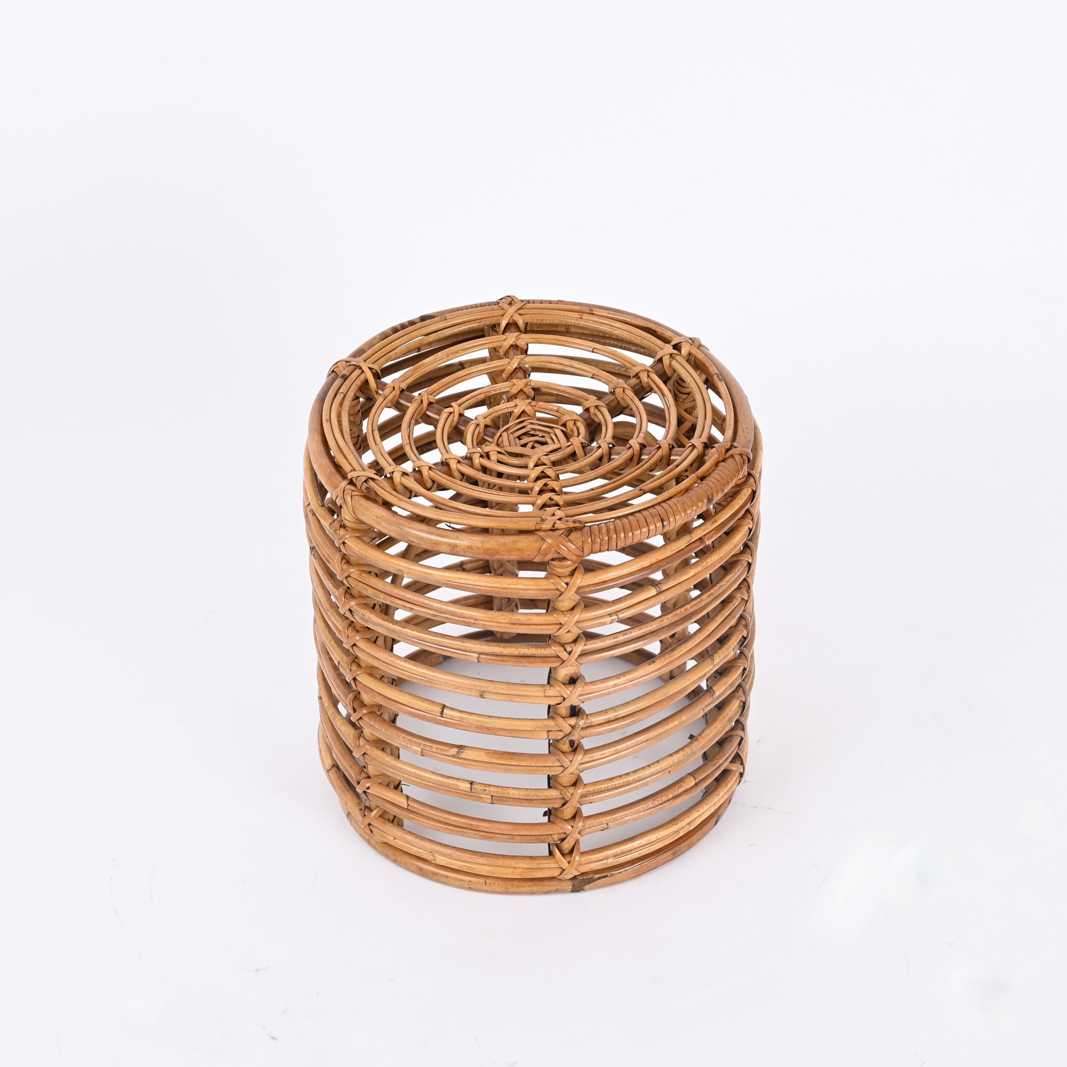 Midcentury Tito Agnoli Rattan and Wicker Round Pouf Stool, Italy, 1970s For Sale 1
