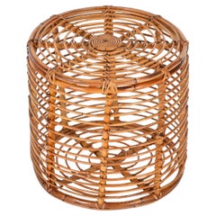 Vintage Midcentury Tito Agnoli Rattan and Wicker Round Pouf Stool, Italy, 1970s