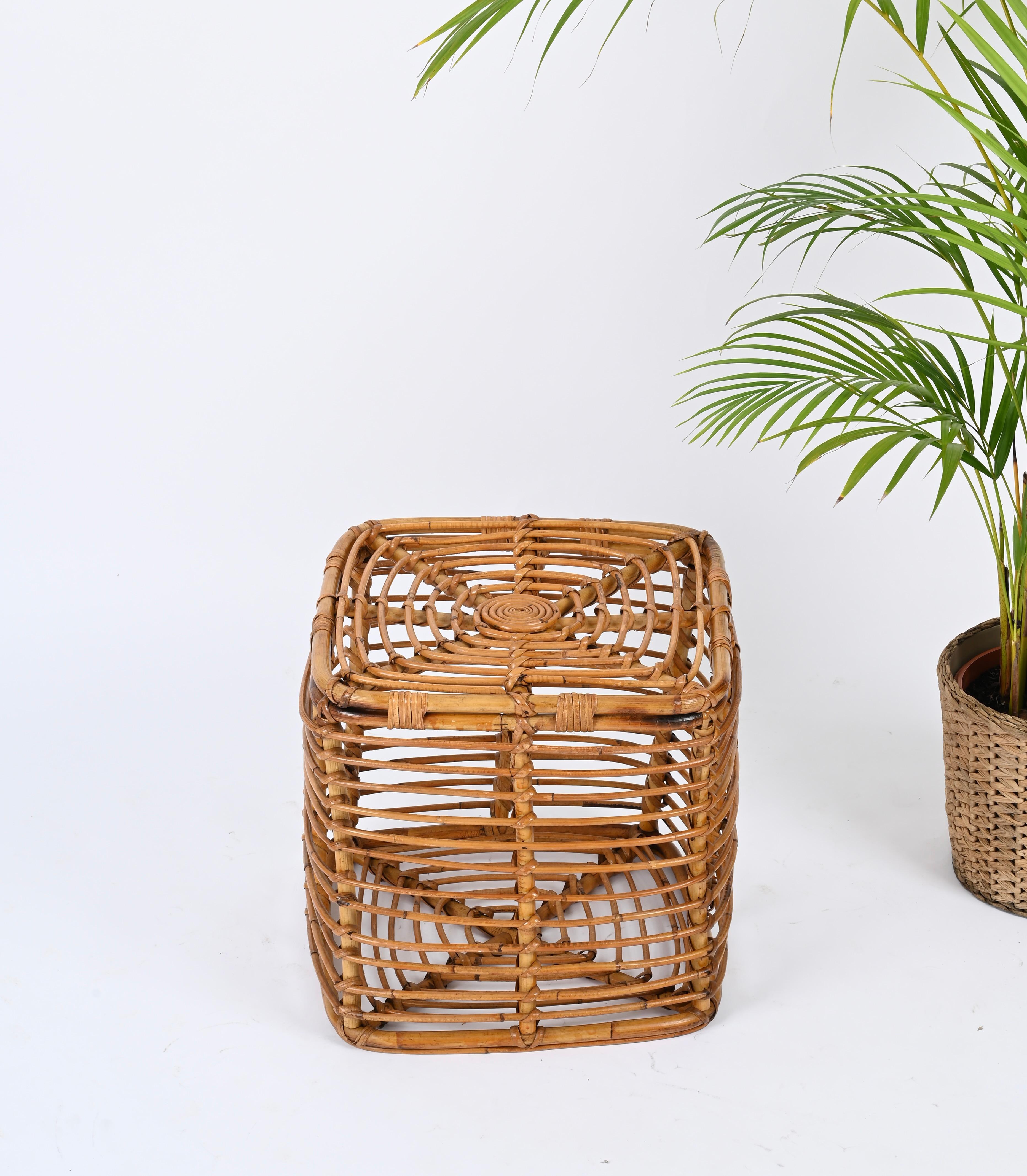 Midcentury Tito Agnoli Rattan and Wicker Square Pouf Stool, Italy, 1970s For Sale 3