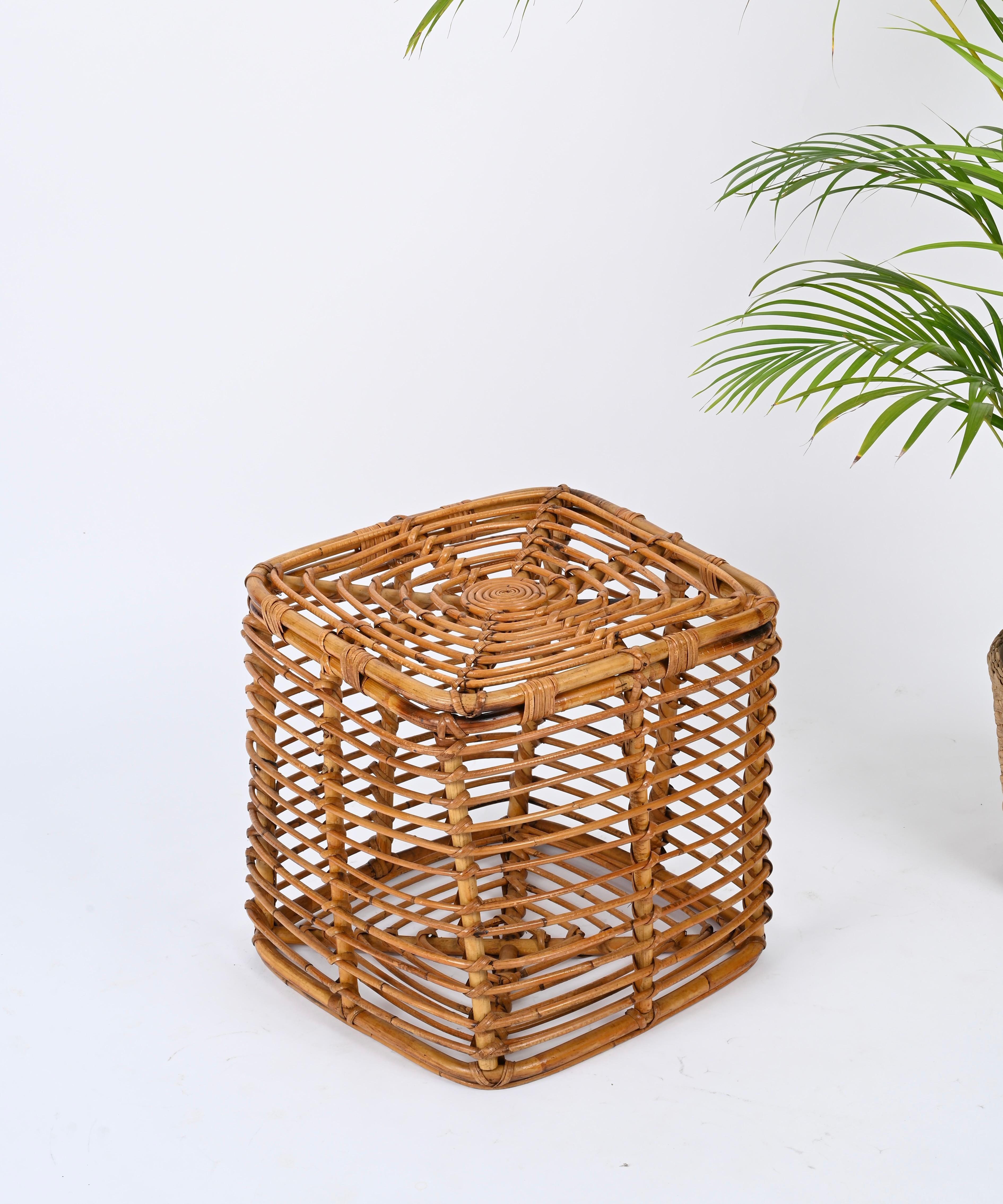 Midcentury Tito Agnoli Rattan and Wicker Square Pouf Stool, Italy, 1970s For Sale 4