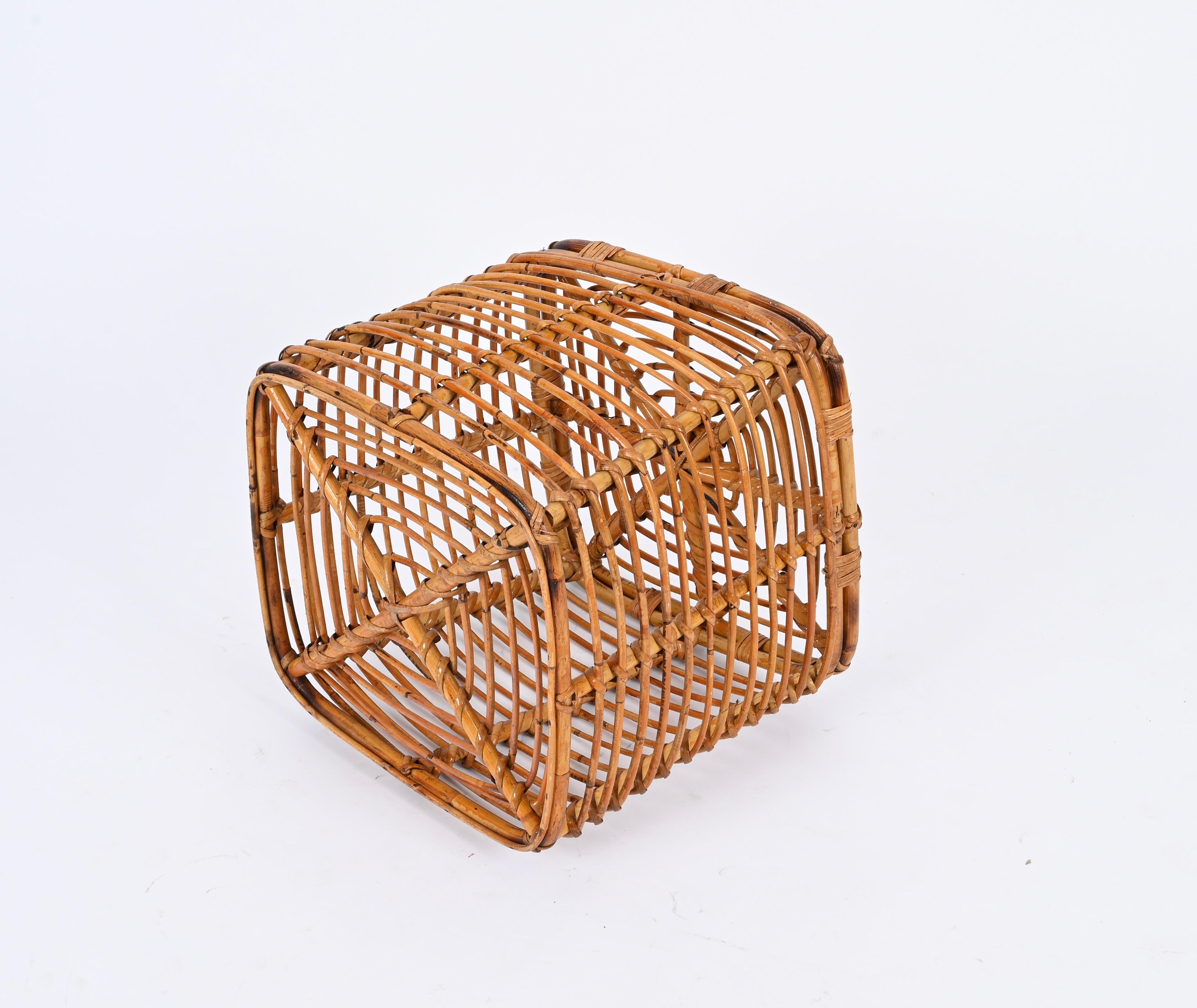 Midcentury Tito Agnoli Rattan and Wicker Square Pouf Stool, Italy, 1970s For Sale 5
