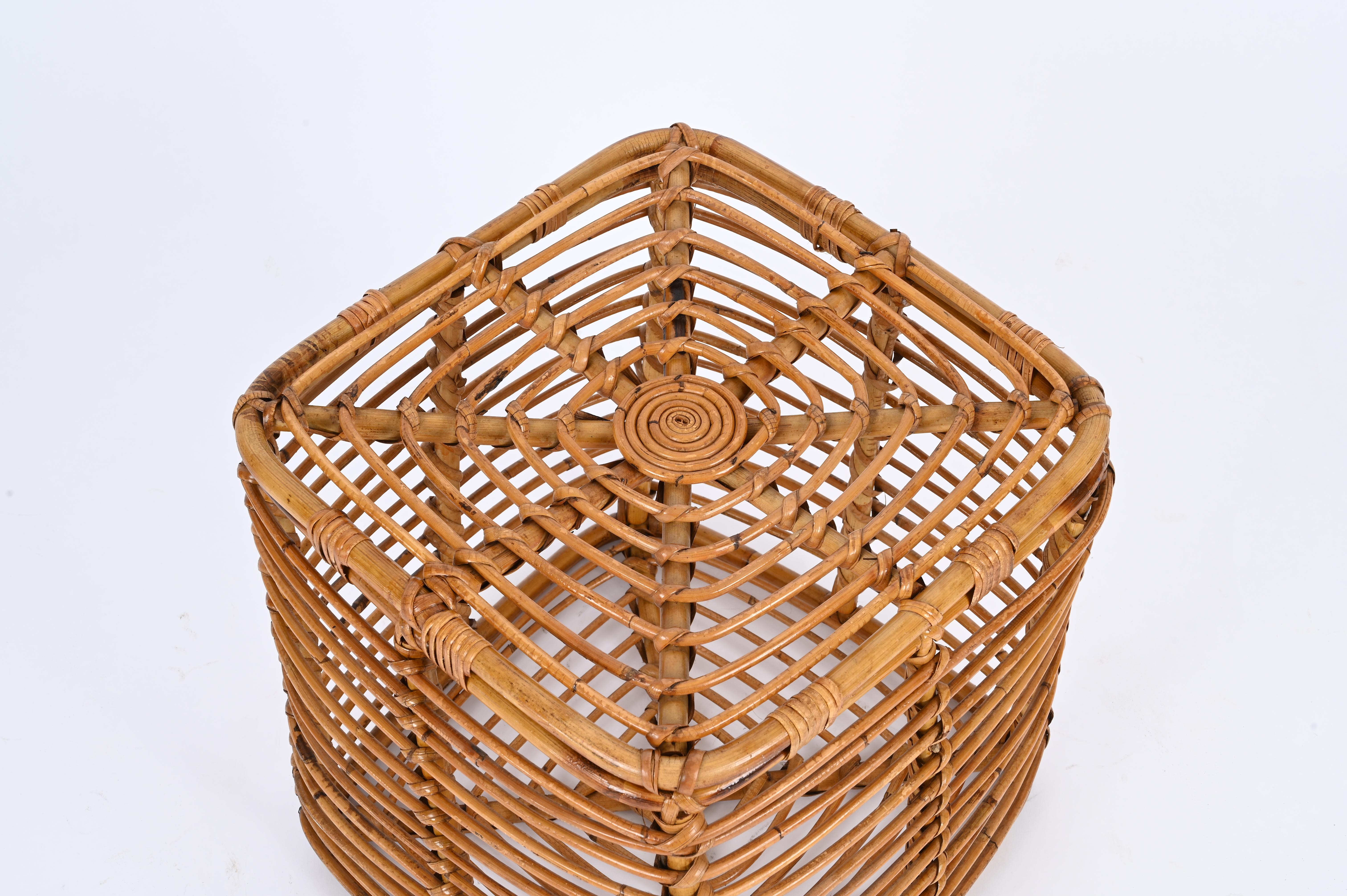 Mid-Century Modern Midcentury Tito Agnoli Rattan and Wicker Square Pouf Stool, Italy, 1970s For Sale