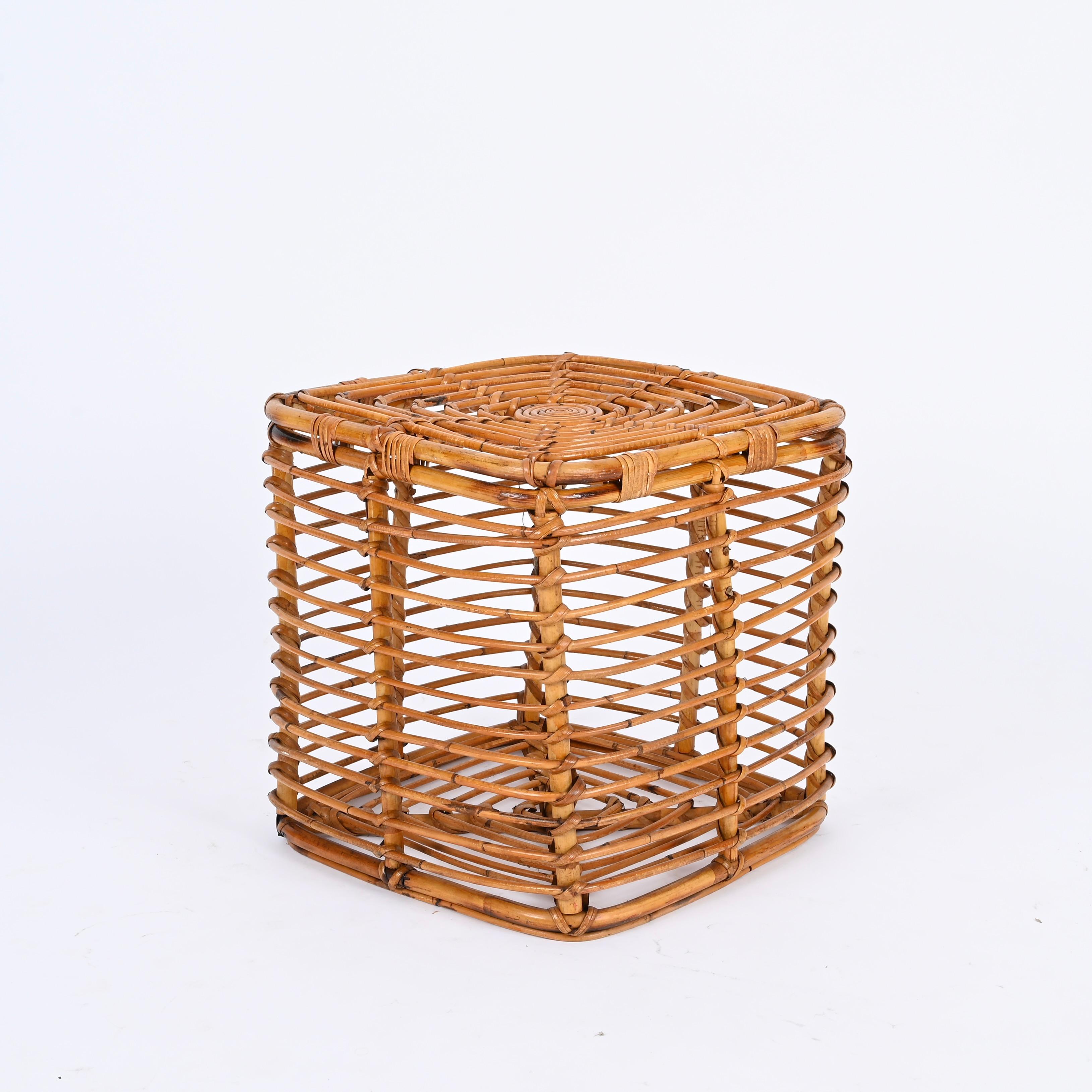 Hand-Crafted Midcentury Tito Agnoli Rattan and Wicker Square Pouf Stool, Italy, 1970s For Sale