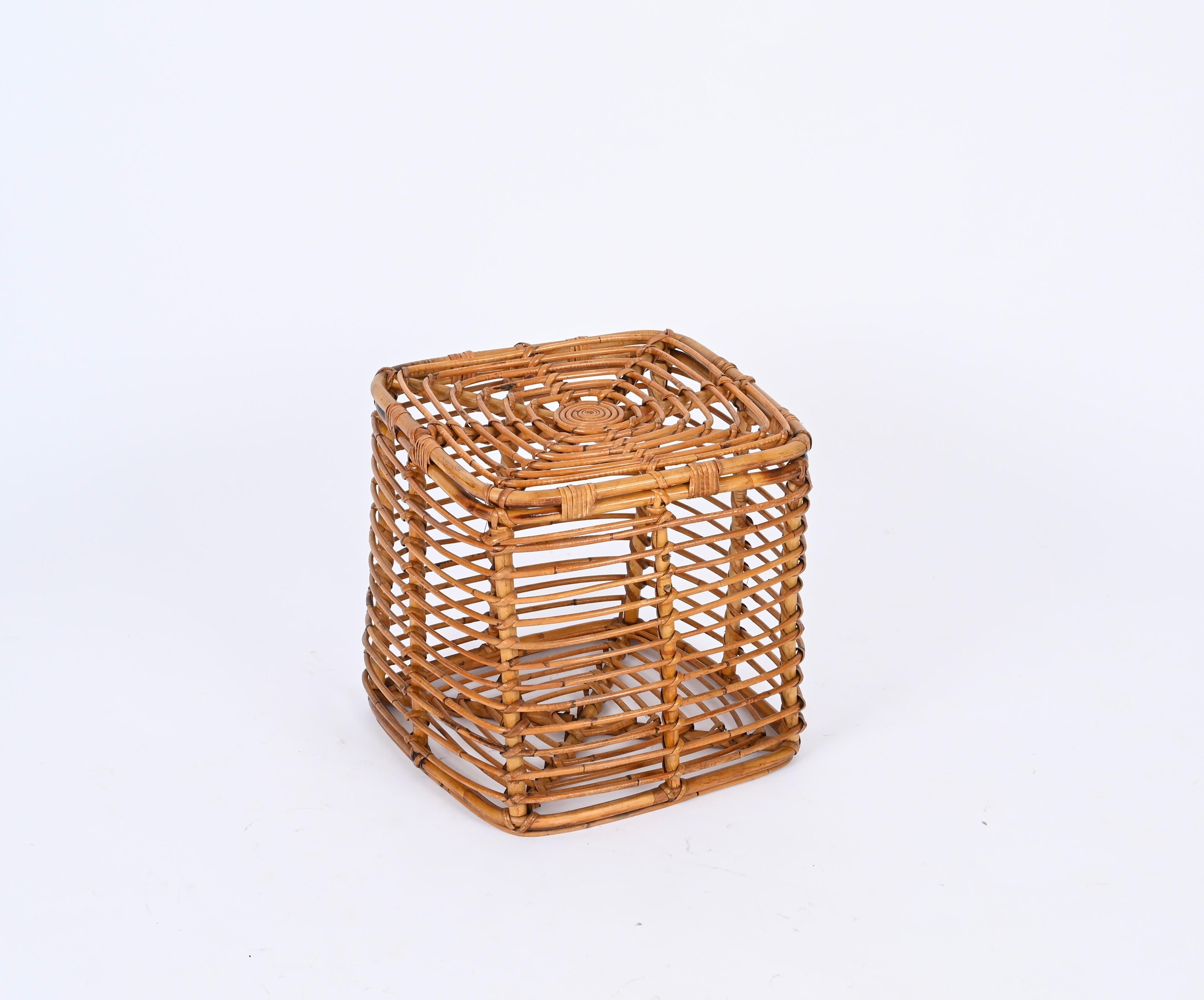 20th Century Midcentury Tito Agnoli Rattan and Wicker Square Pouf Stool, Italy, 1970s For Sale