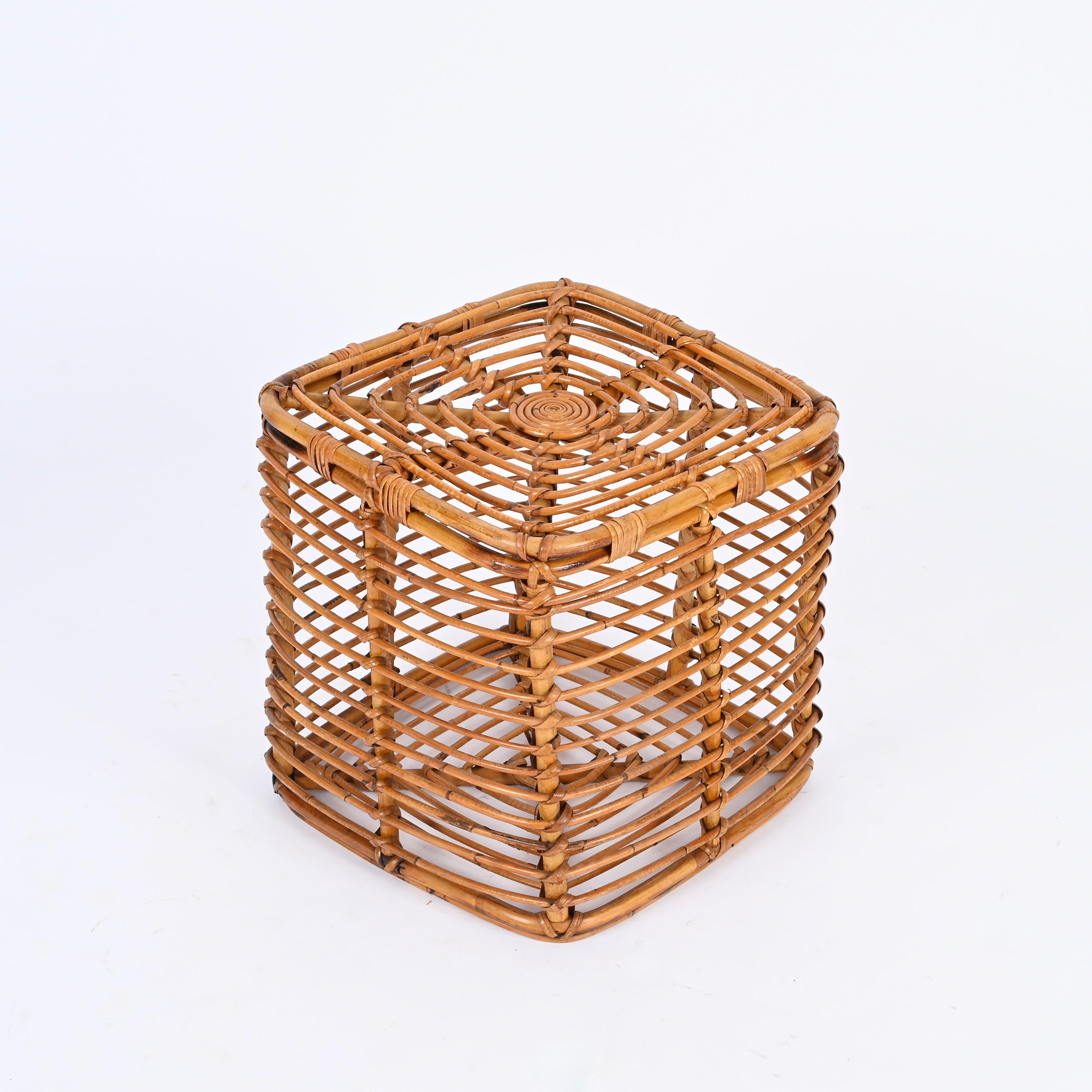 Bamboo Midcentury Tito Agnoli Rattan and Wicker Square Pouf Stool, Italy, 1970s For Sale