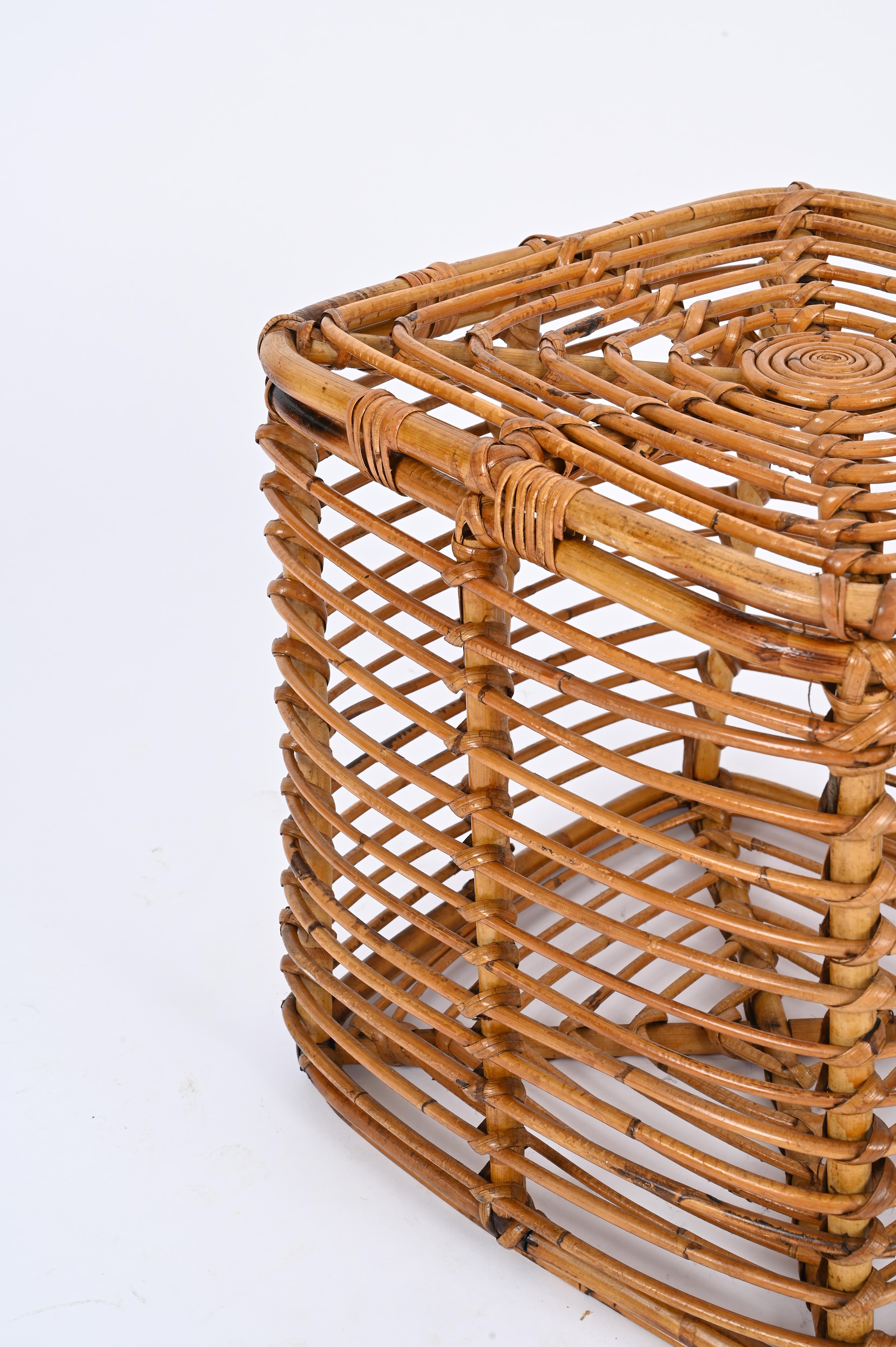 Midcentury Tito Agnoli Rattan and Wicker Square Pouf Stool, Italy, 1970s For Sale 1