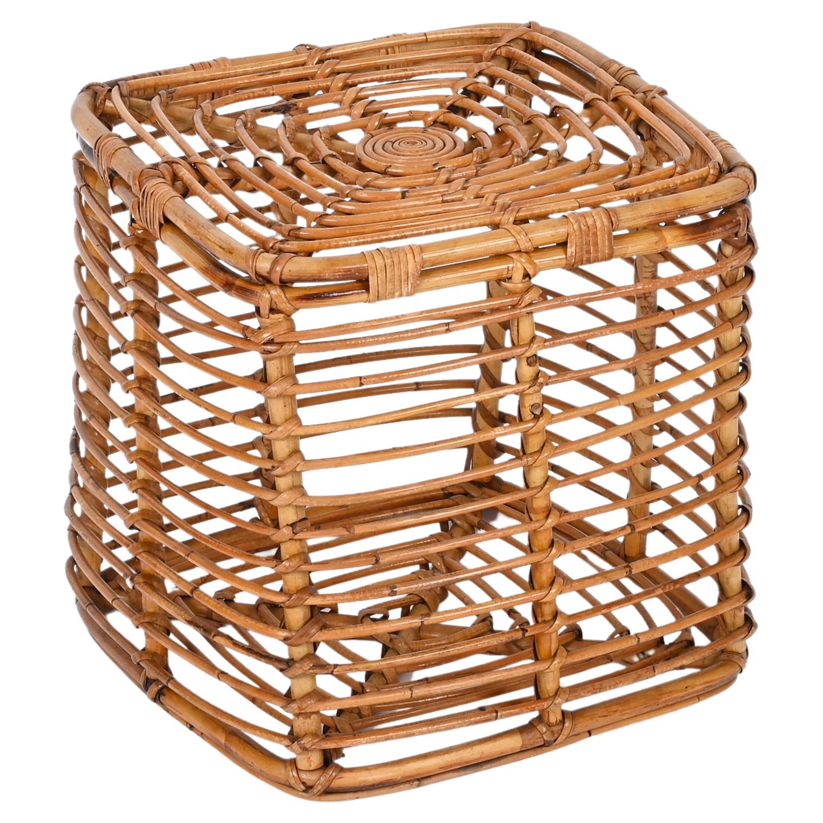 Midcentury Tito Agnoli Rattan and Wicker Square Pouf Stool, Italy, 1970s