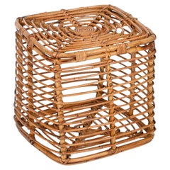 Used Midcentury Tito Agnoli Rattan and Wicker Square Pouf Stool, Italy, 1970s