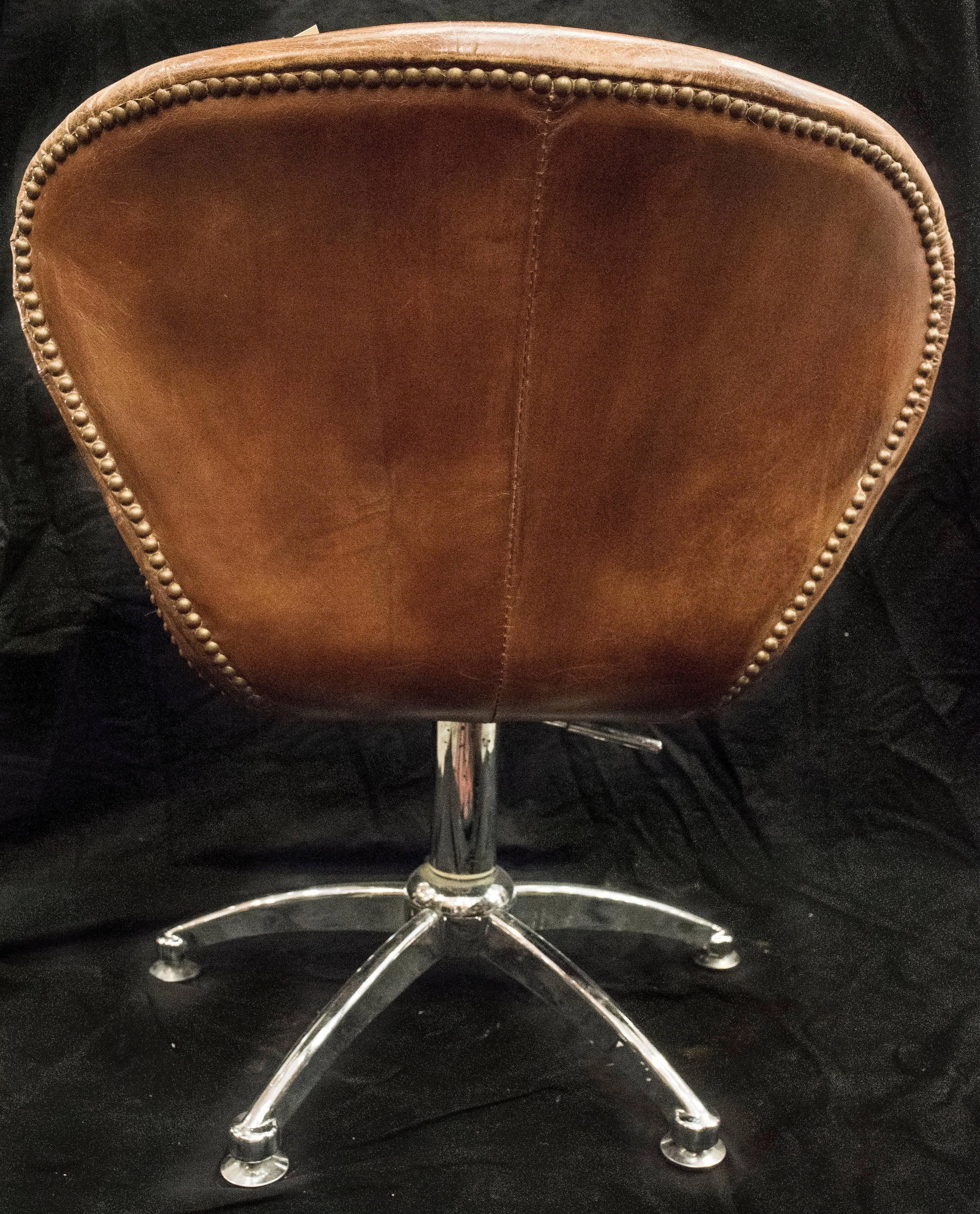 Midcentury Tobacco Color and Steel Legs Italian Leather Aviator Armchair 1
