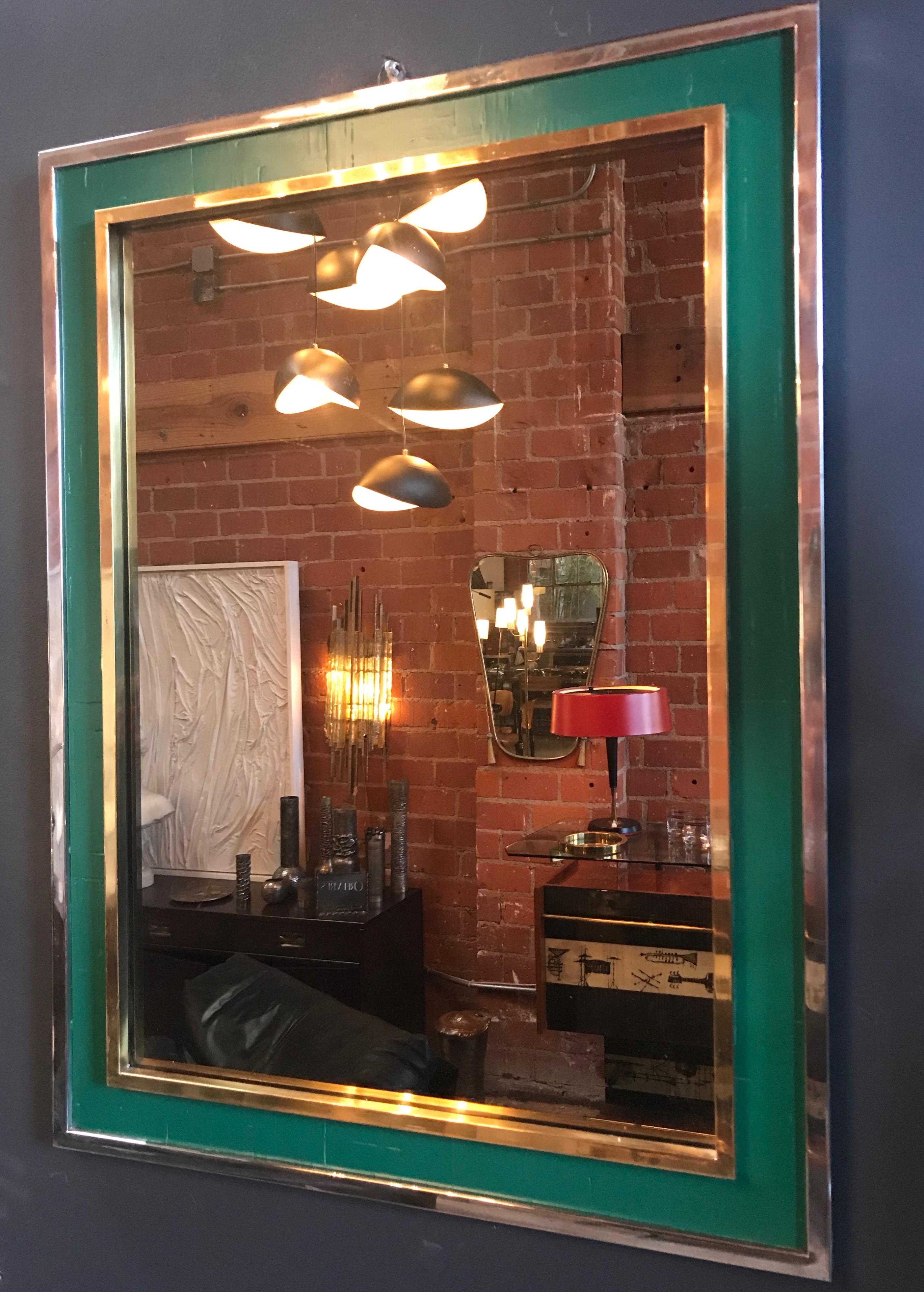 Modern Midcentury Tommaso Barbi Green Mirror in Chrome and Brass, Italy, 1970s