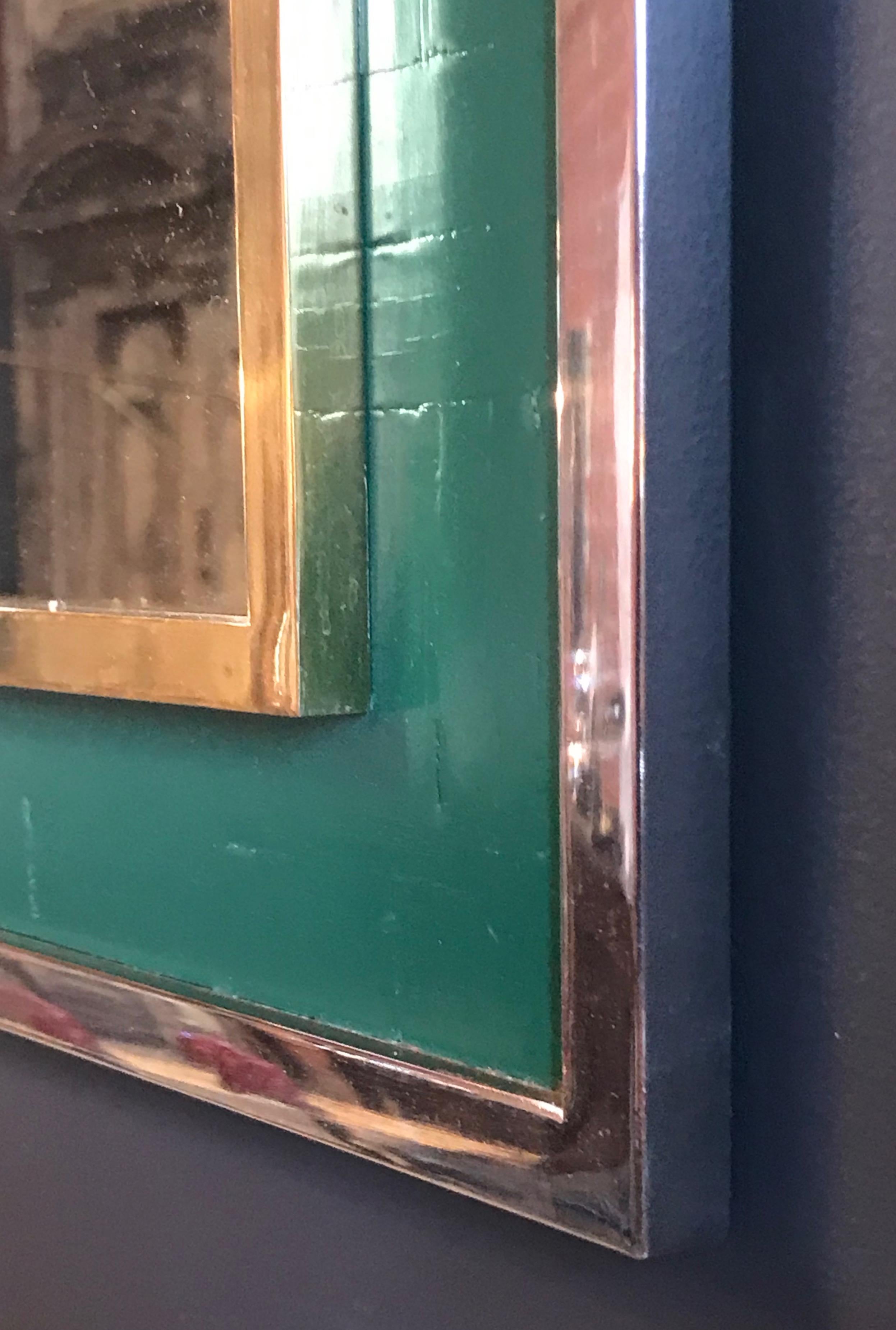 Late 20th Century Midcentury Tommaso Barbi Green Mirror in Chrome and Brass, Italy, 1970s