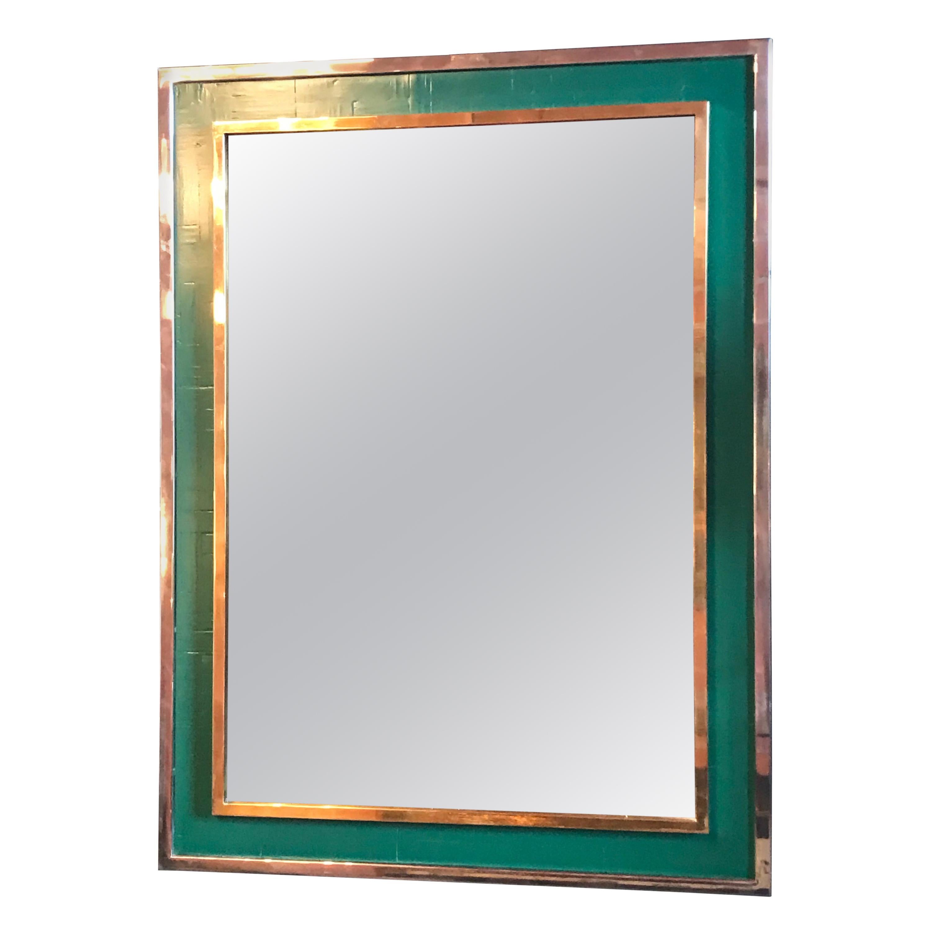 Midcentury Tommaso Barbi Green Mirror in Chrome and Brass, Italy, 1970s