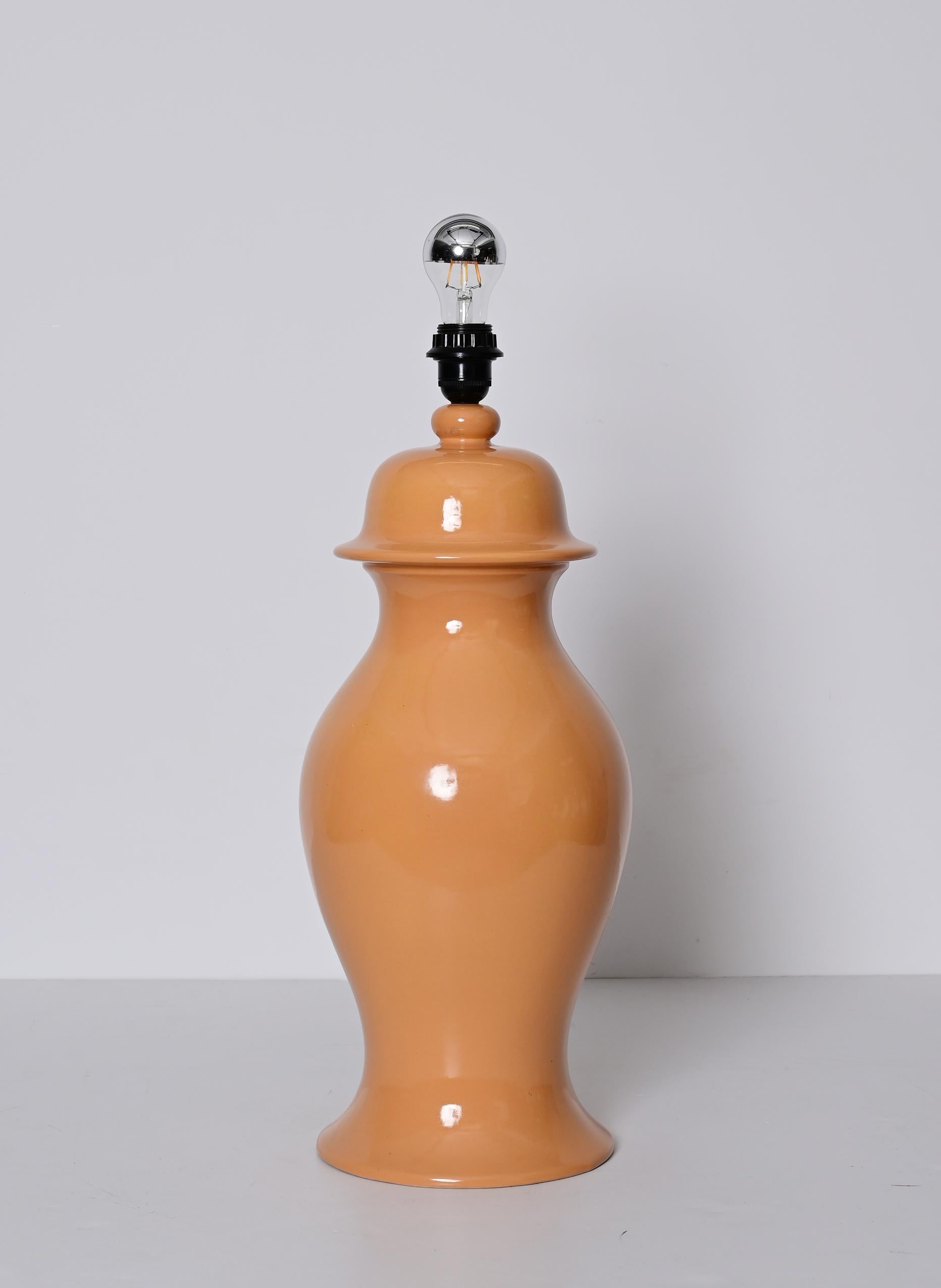 Midcentury Tommaso Barbi Salmon Pink Glazed Ceramic Italian Table Lamp, 1960s For Sale 5