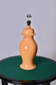 Midcentury Tommaso Barbi Salmon Pink Glazed Ceramic Italian Table Lamp, 1960s
