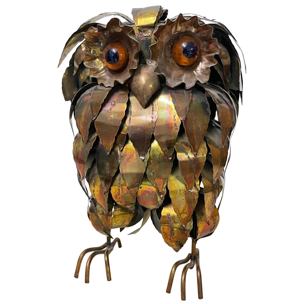Midcentury Torch Cut Owl Sculpture in the Style of Curtis Jere