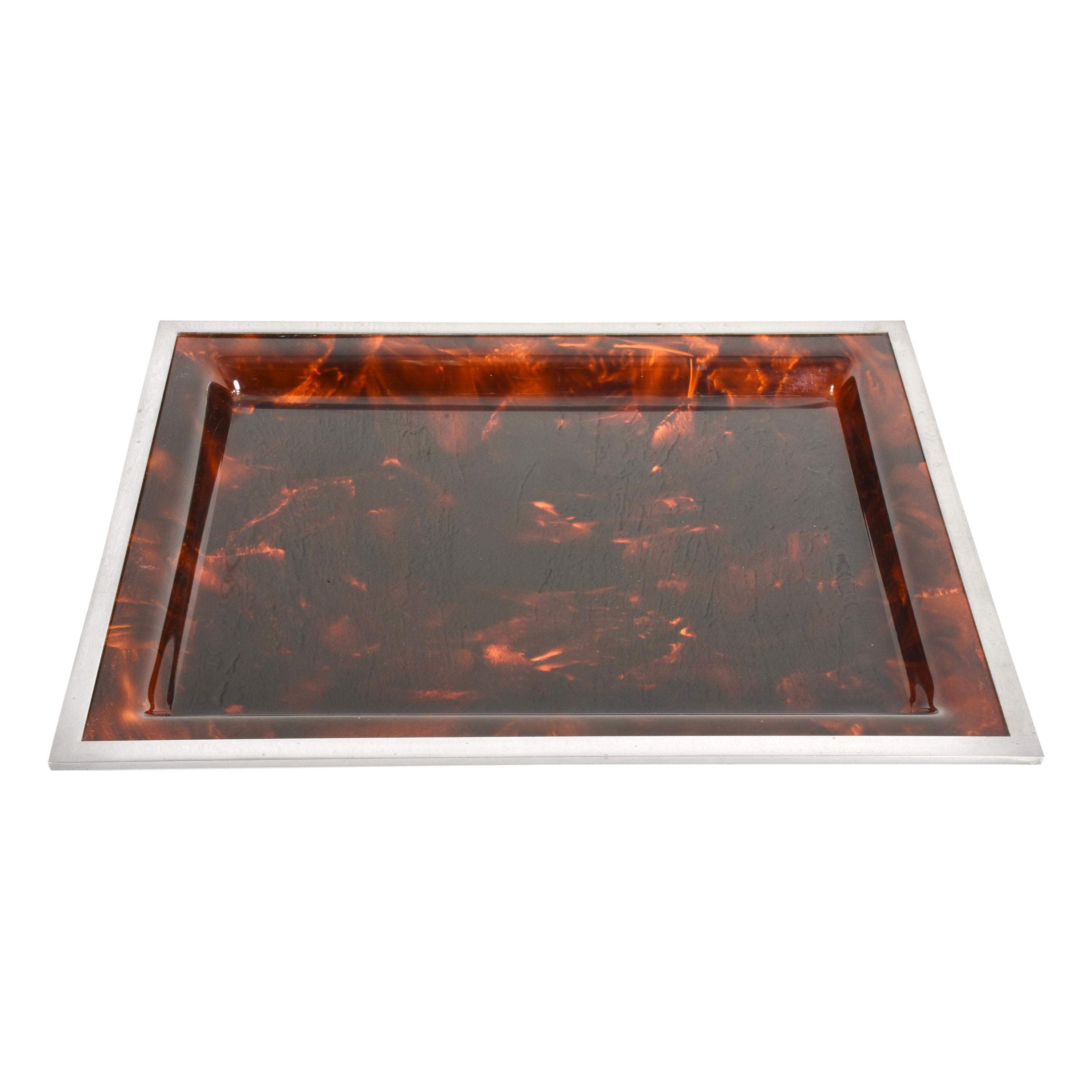 Midcentury Tortoiseshell and Lucite Italian Serving Tray after Willy Rizzo 1970s