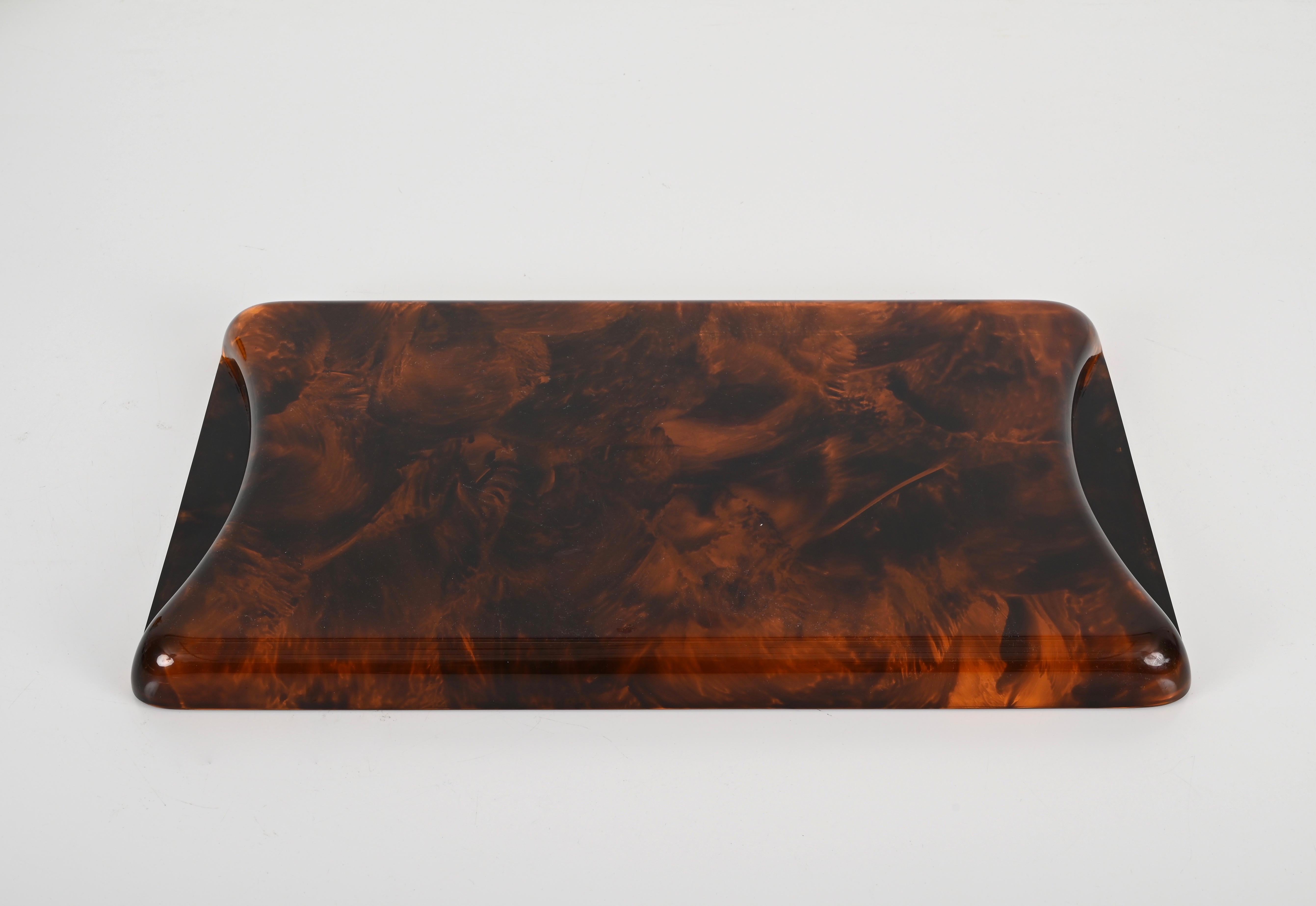 Midcentury Tortoiseshell Lucite and Brass Serving Tray, Guzzini, Italy 1970s 4