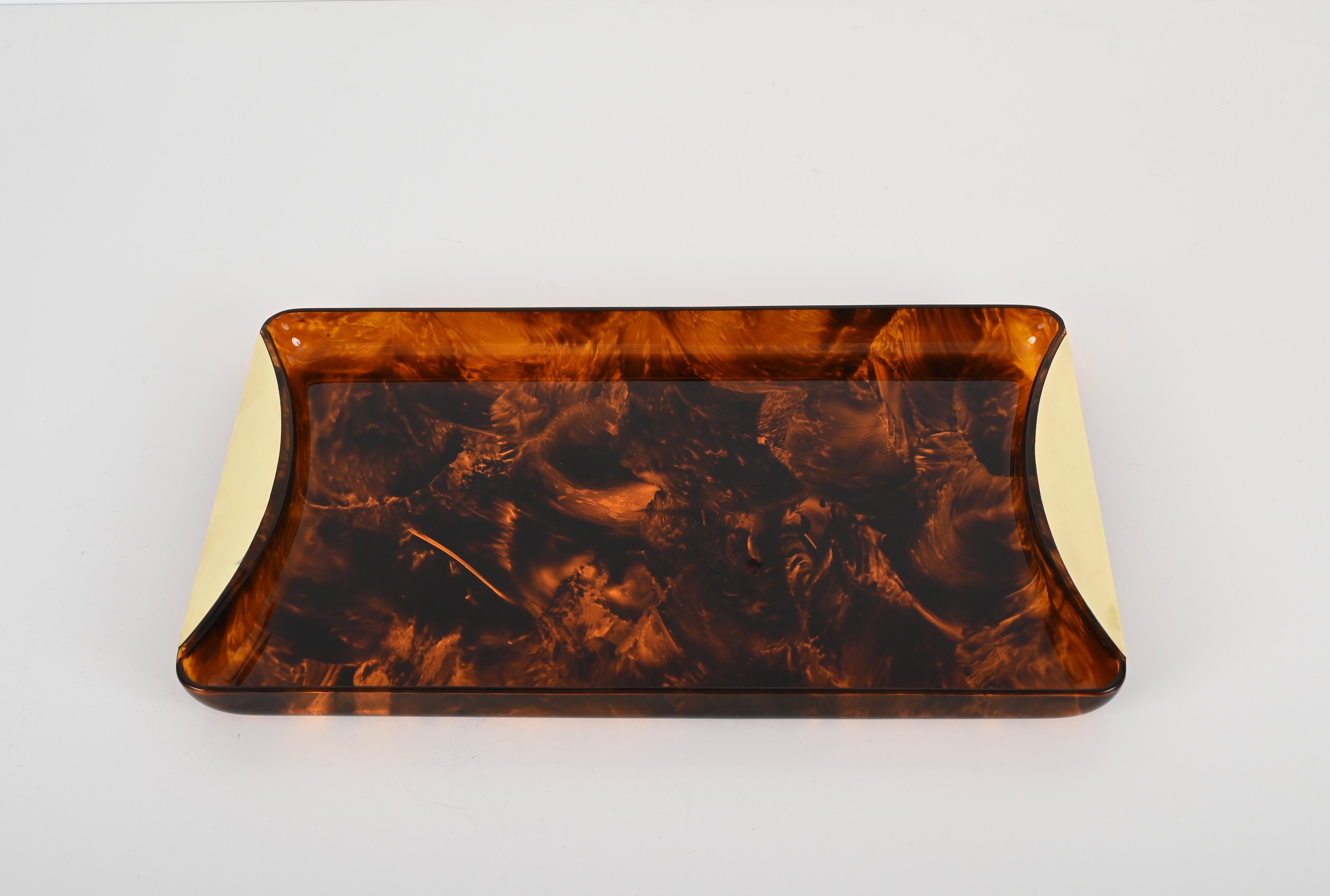 Italian Midcentury Tortoiseshell Lucite and Brass Serving Tray, Guzzini, Italy 1970s