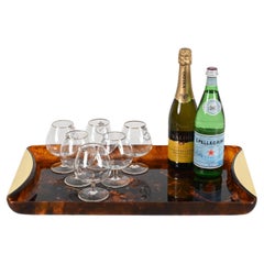 Midcentury Tortoiseshell Lucite and Brass Serving Tray, Guzzini, Italy 1970s