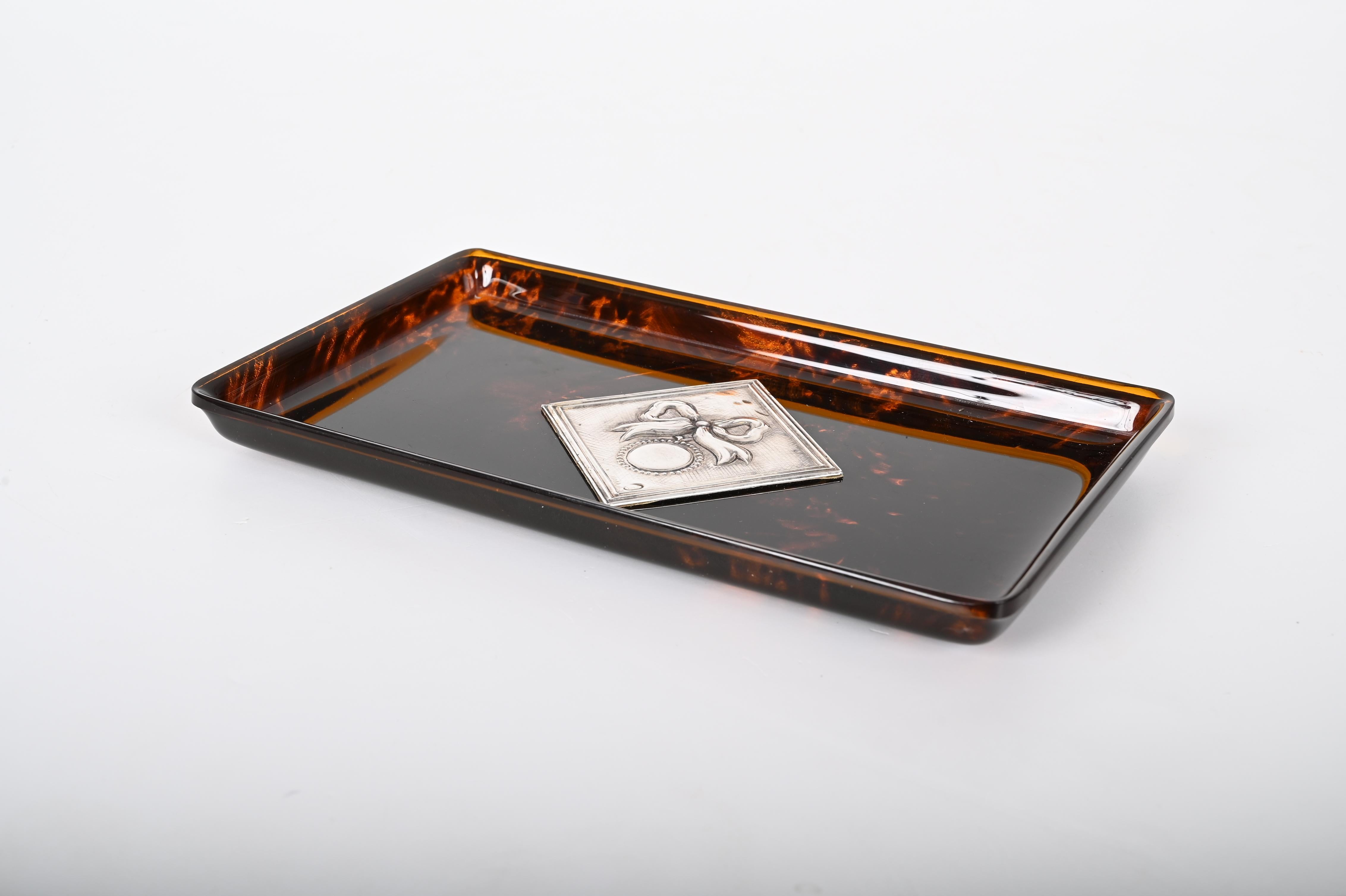 Midcentury Tortoiseshell Lucite and Silver French Serving Tray after Dior, 1970s For Sale 4