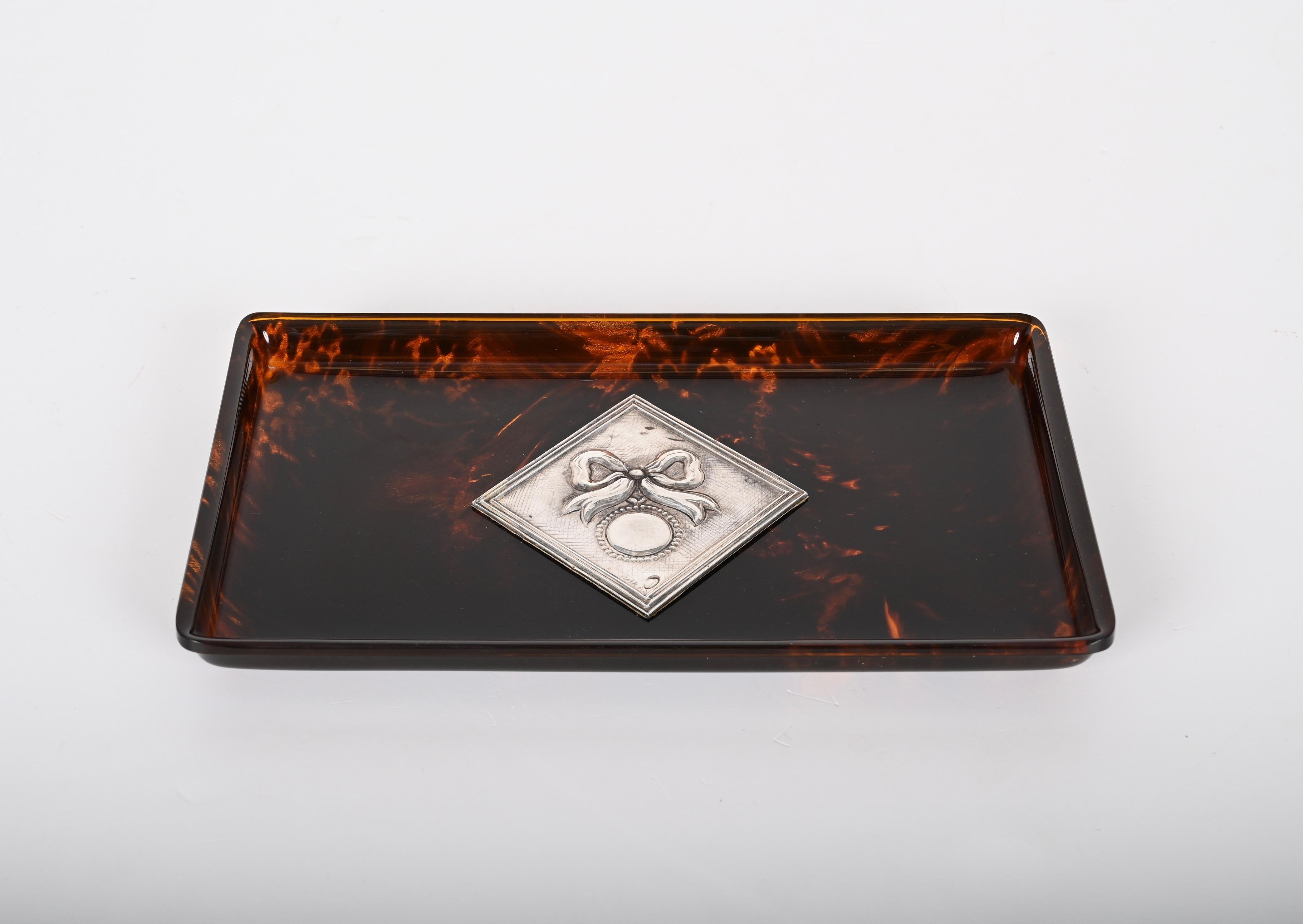 Midcentury Tortoiseshell Lucite and Silver French Serving Tray after Dior, 1970s For Sale 5