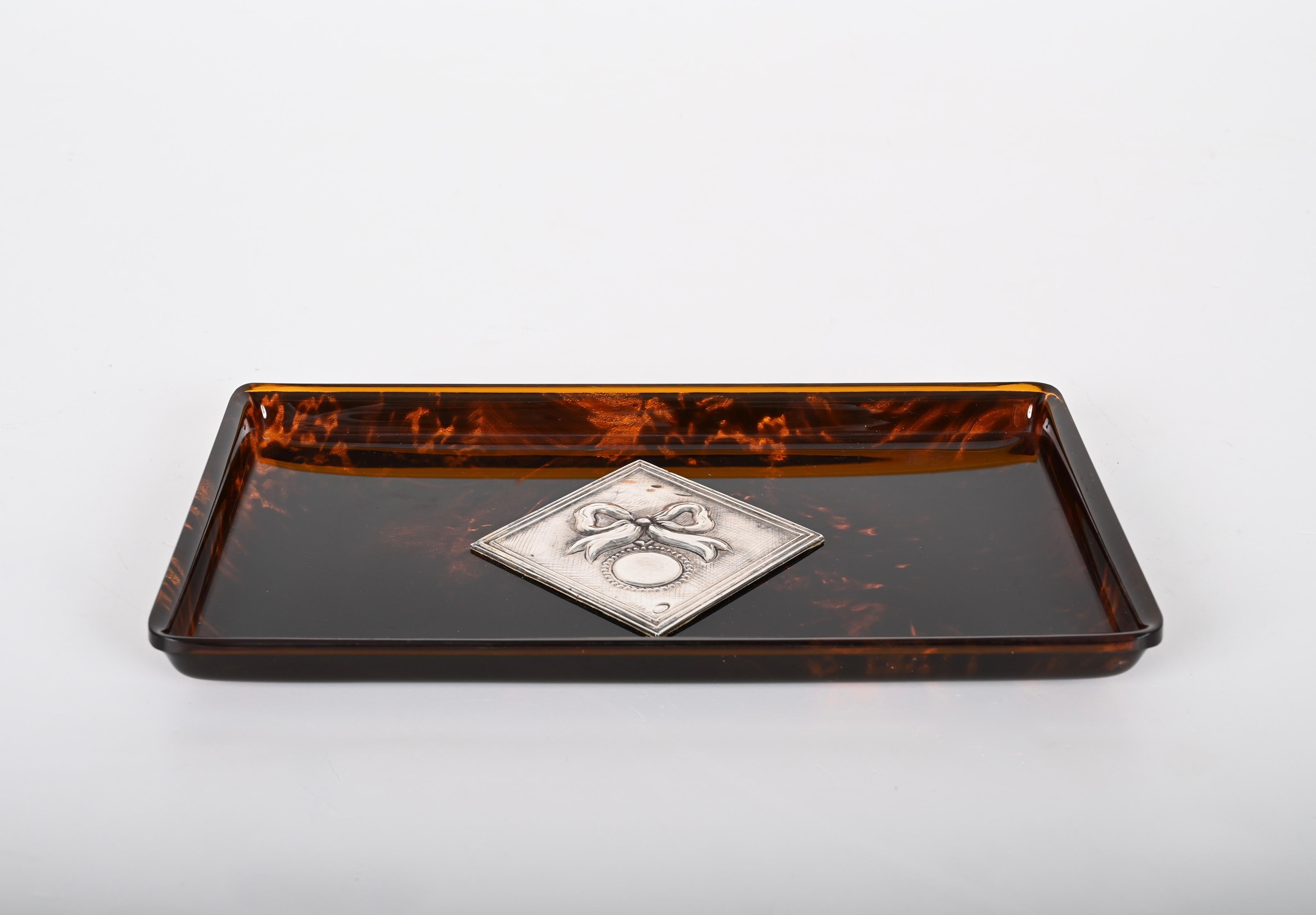 Midcentury Tortoiseshell Lucite and Silver French Serving Tray after Dior, 1970s For Sale 7