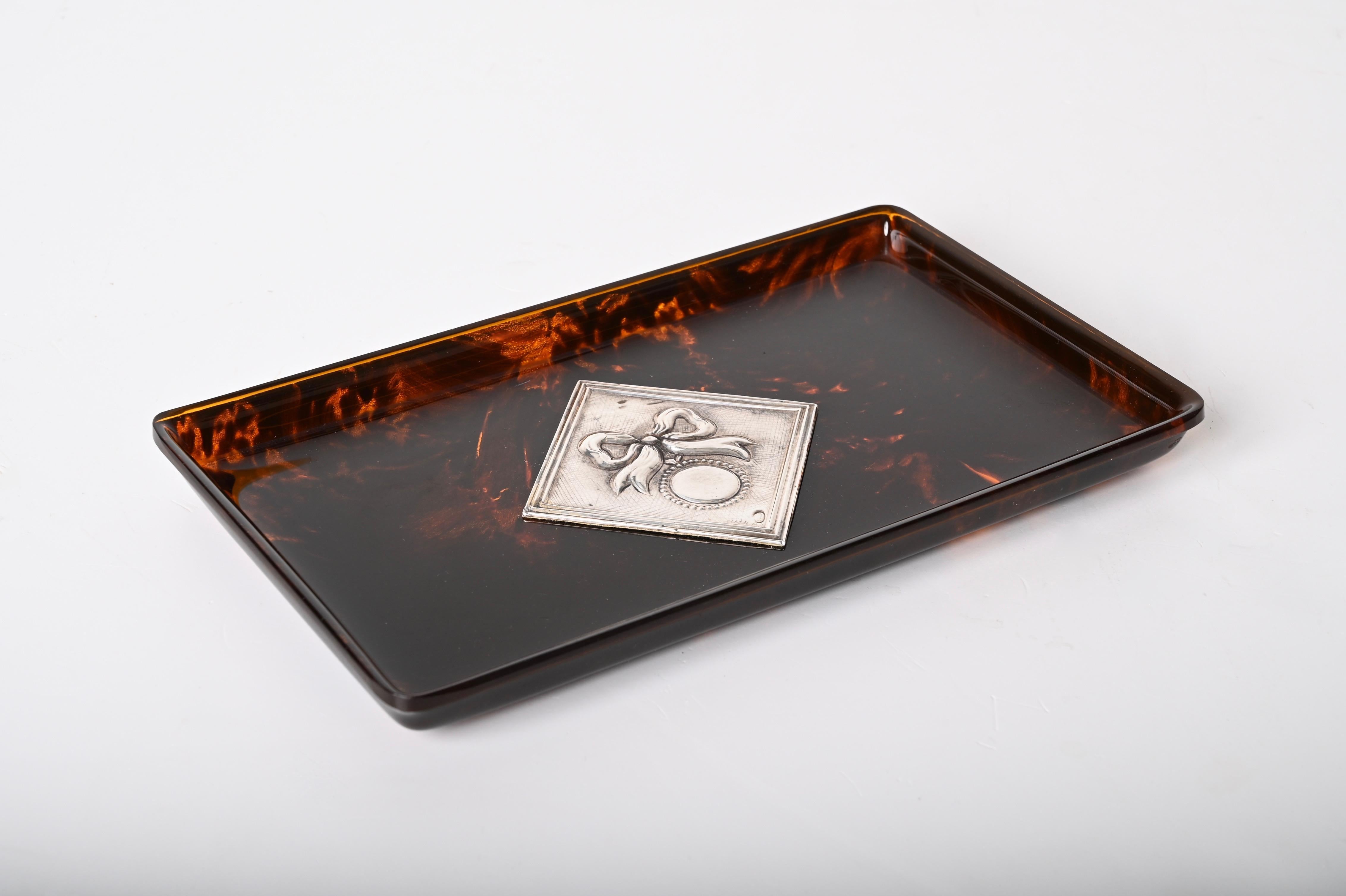 Midcentury Tortoiseshell Lucite and Silver French Serving Tray after Dior, 1970s For Sale 9