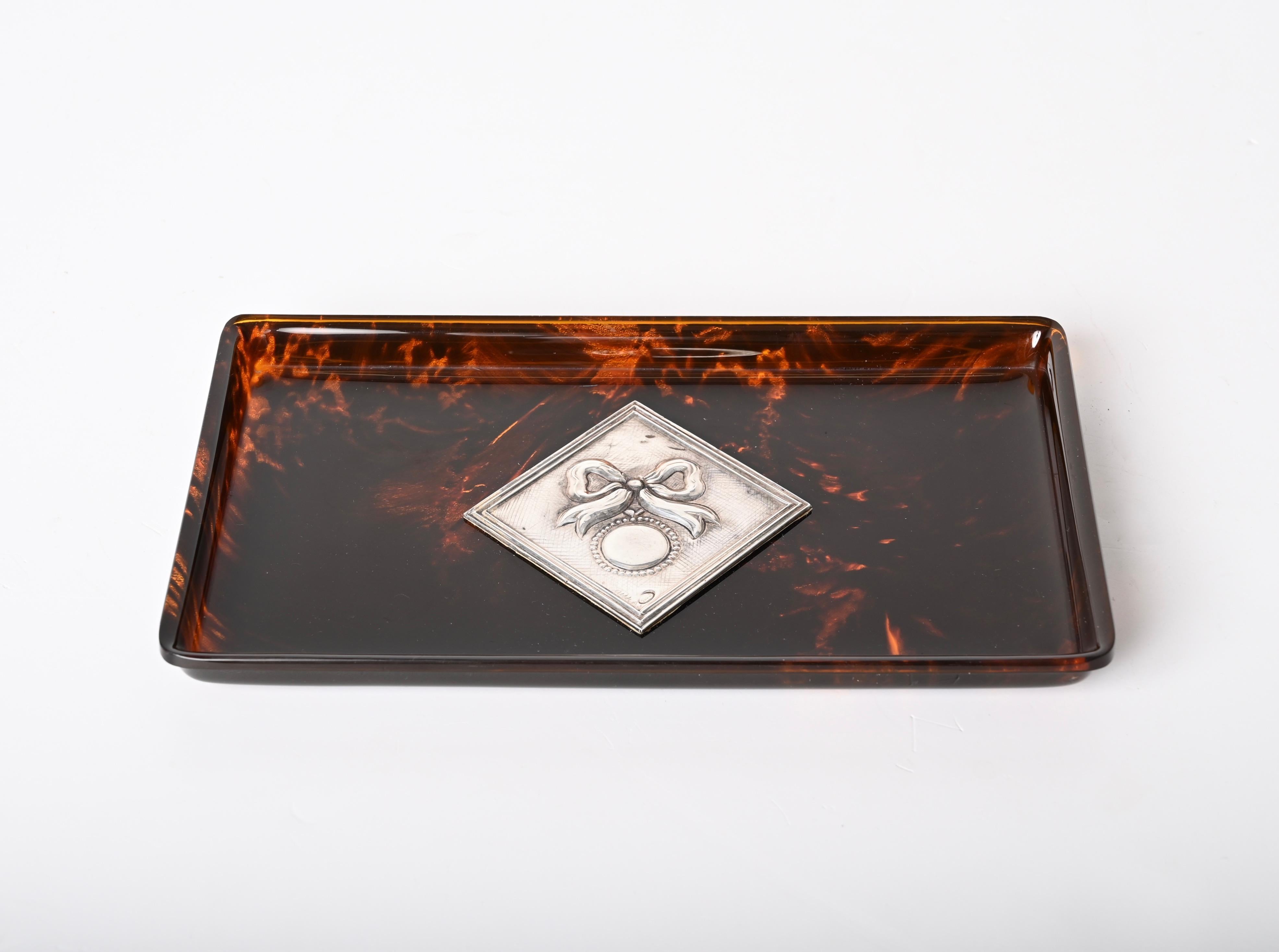 Midcentury Tortoiseshell Lucite and Silver French Serving Tray after Dior, 1970s For Sale 10
