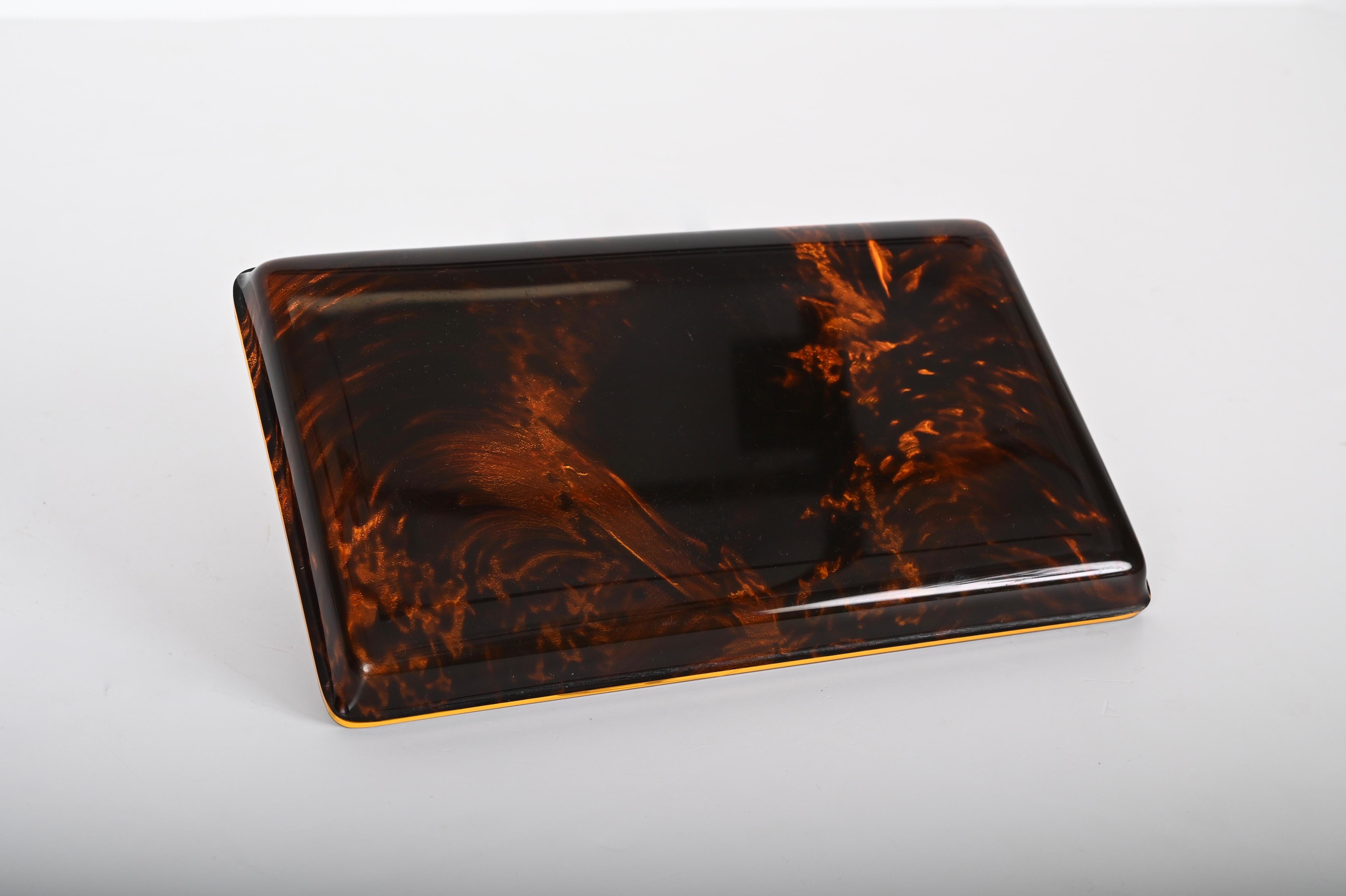 Late 20th Century Midcentury Tortoiseshell Lucite and Silver French Serving Tray after Dior, 1970s For Sale