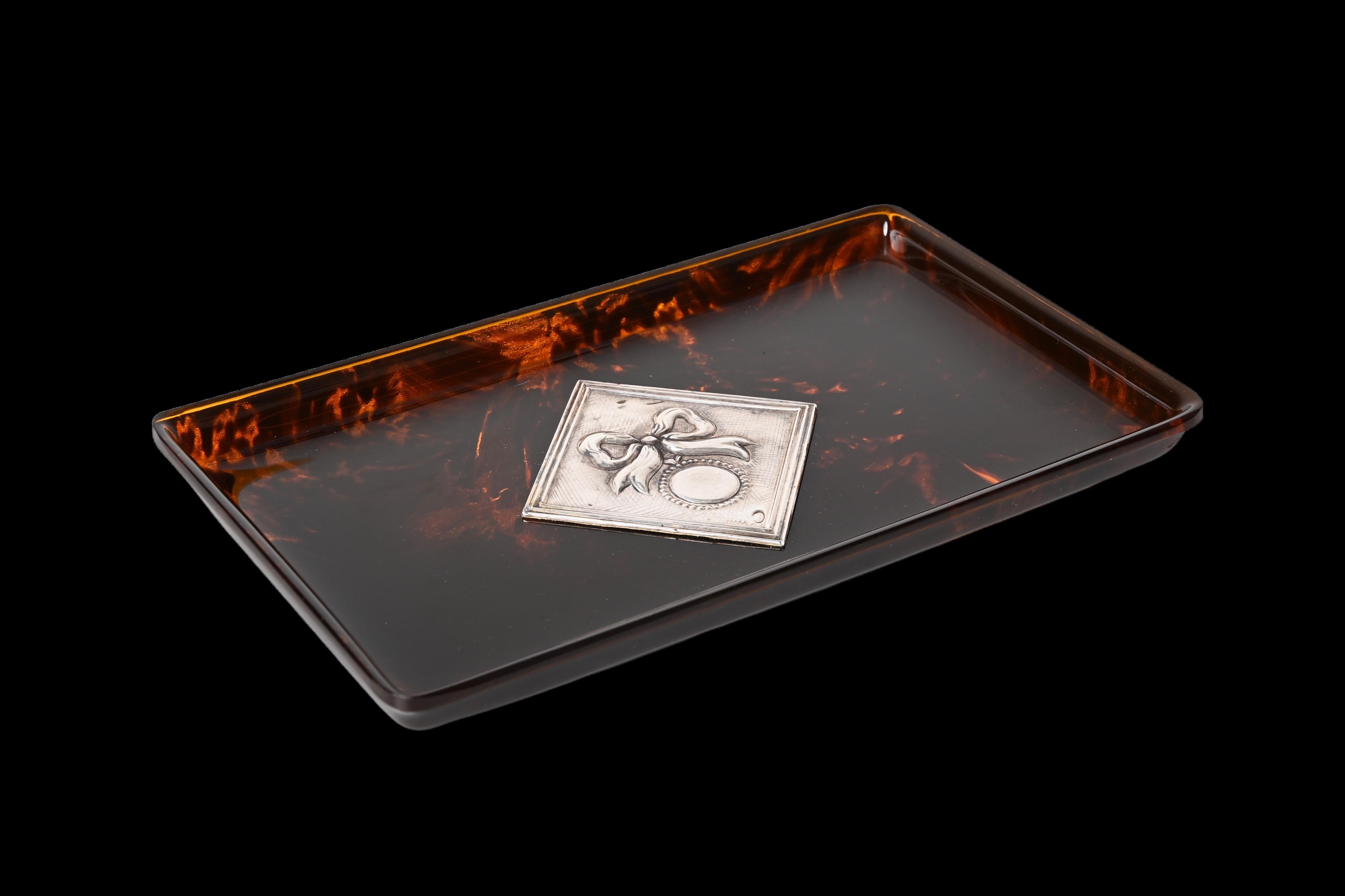 Metal Midcentury Tortoiseshell Lucite and Silver French Serving Tray after Dior, 1970s For Sale