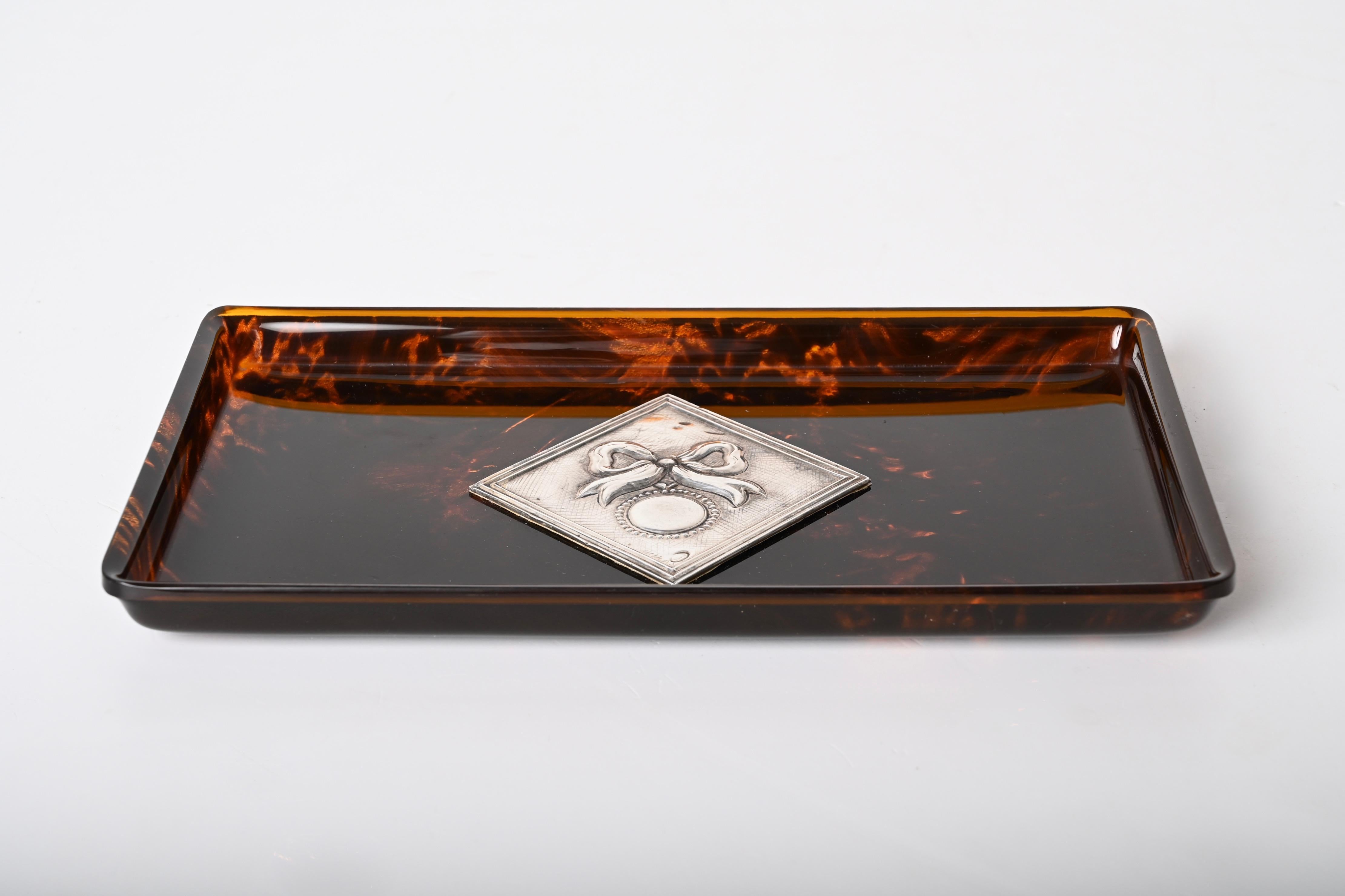 Midcentury Tortoiseshell Lucite and Silver French Serving Tray after Dior, 1970s For Sale 1