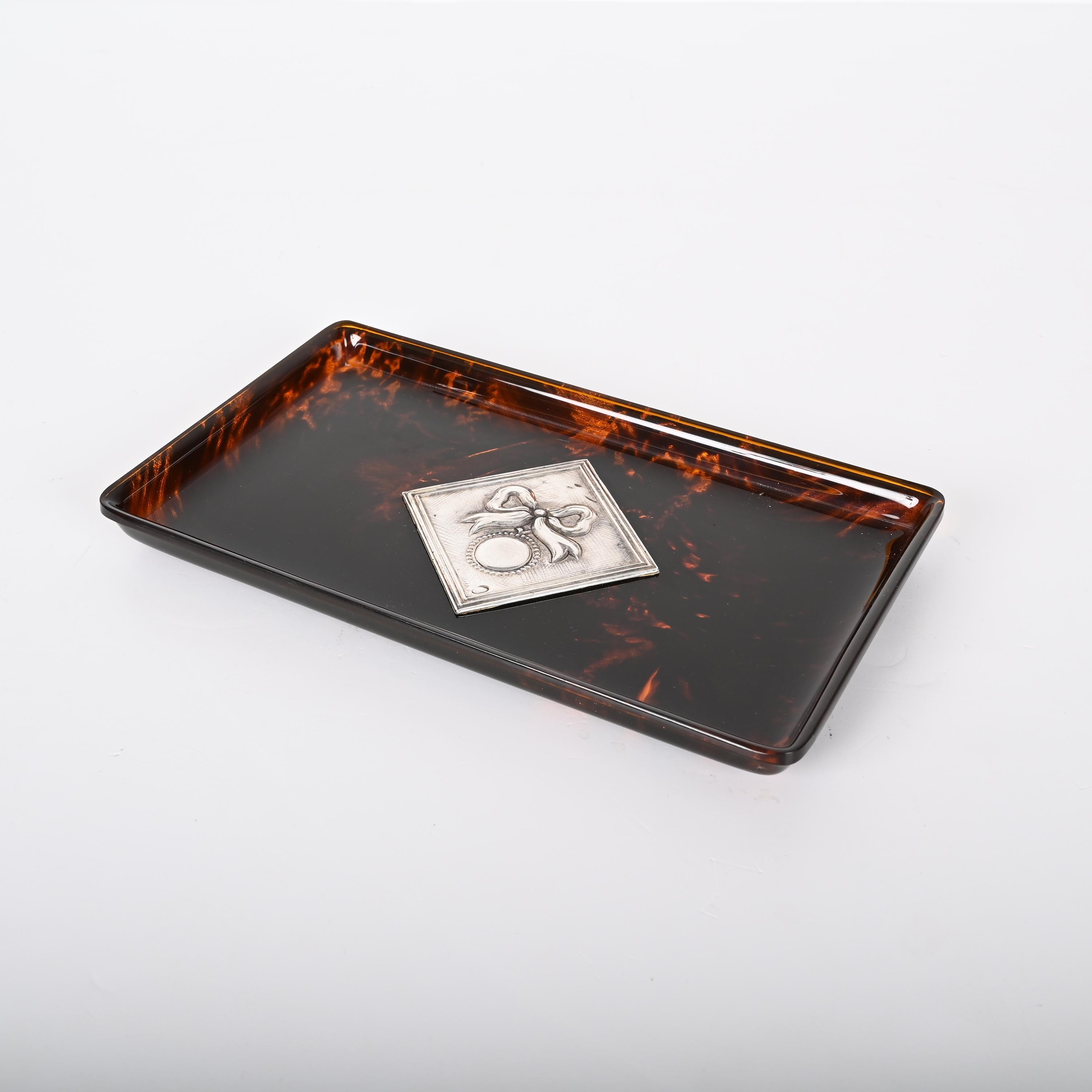 Midcentury Tortoiseshell Lucite and Silver French Serving Tray after Dior, 1970s For Sale 3