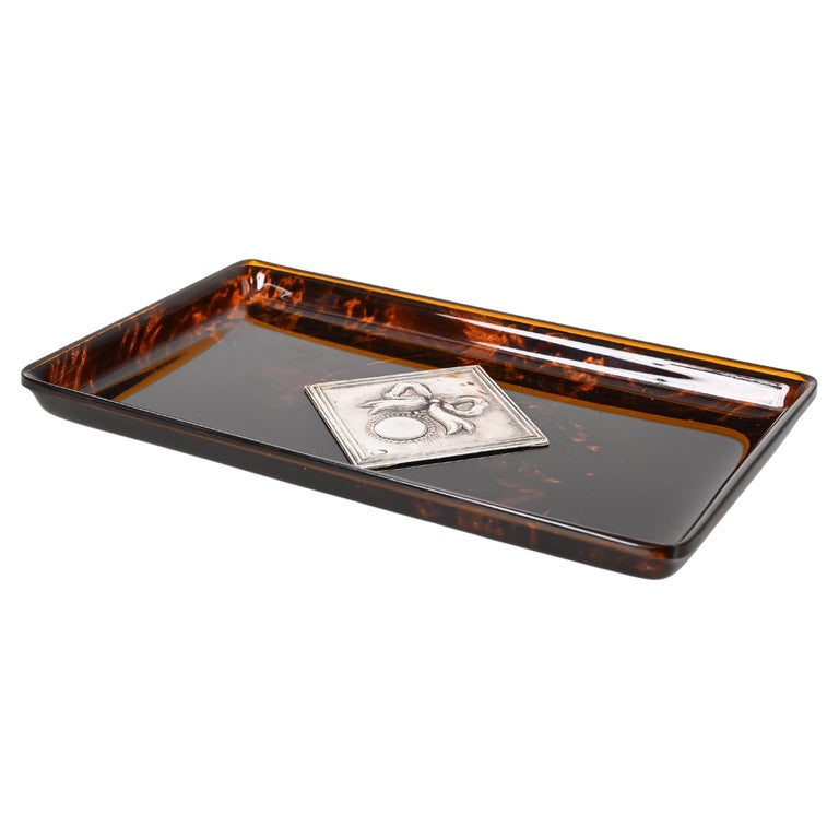 Mid-Century Serving Tray in Acrylic Glass, Brass & Vienna Straw in