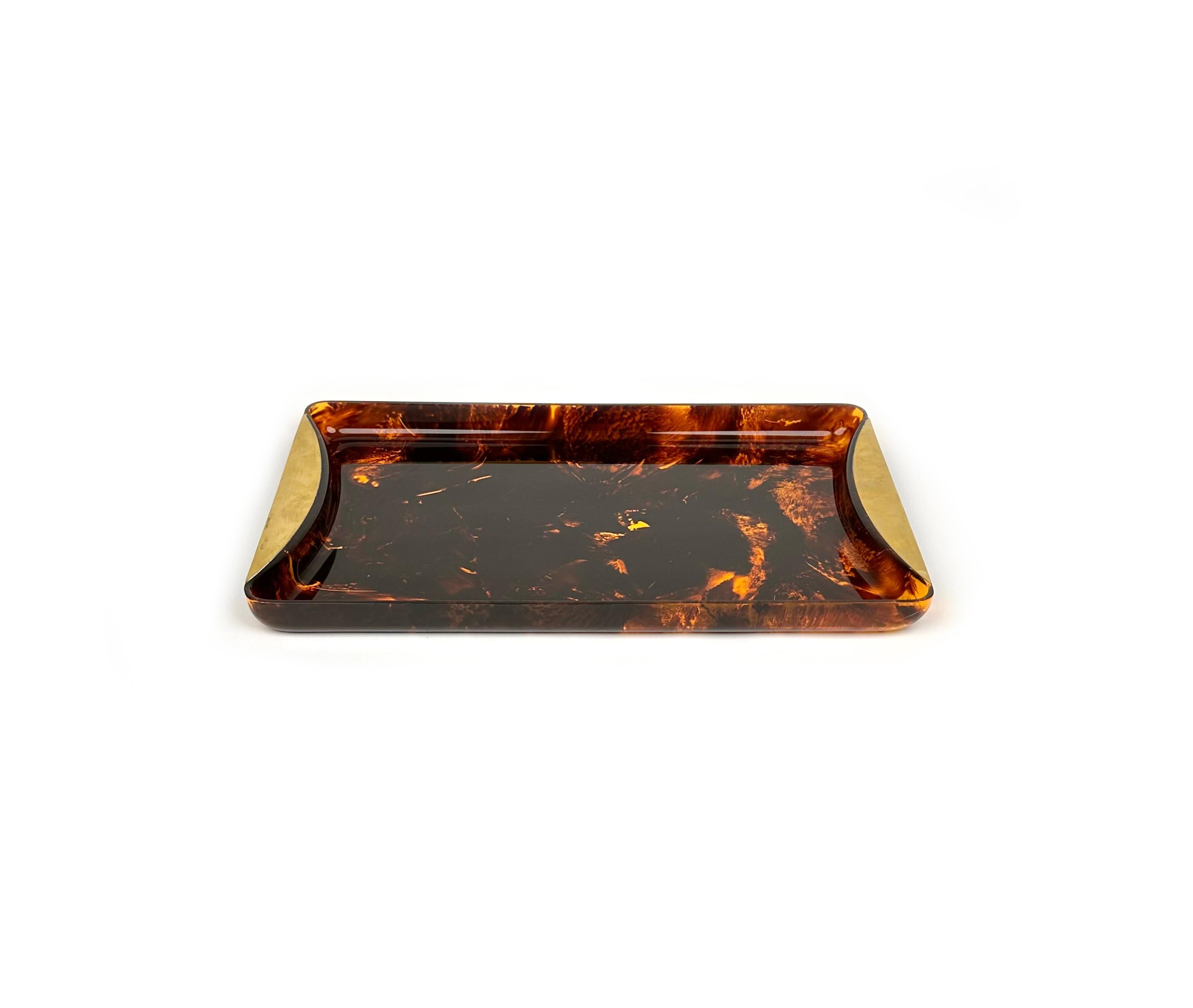 Mid-Century Tortoiseshell Lucite & Brass Serving Tray by Guzzini, Italy, 1970s For Sale 2
