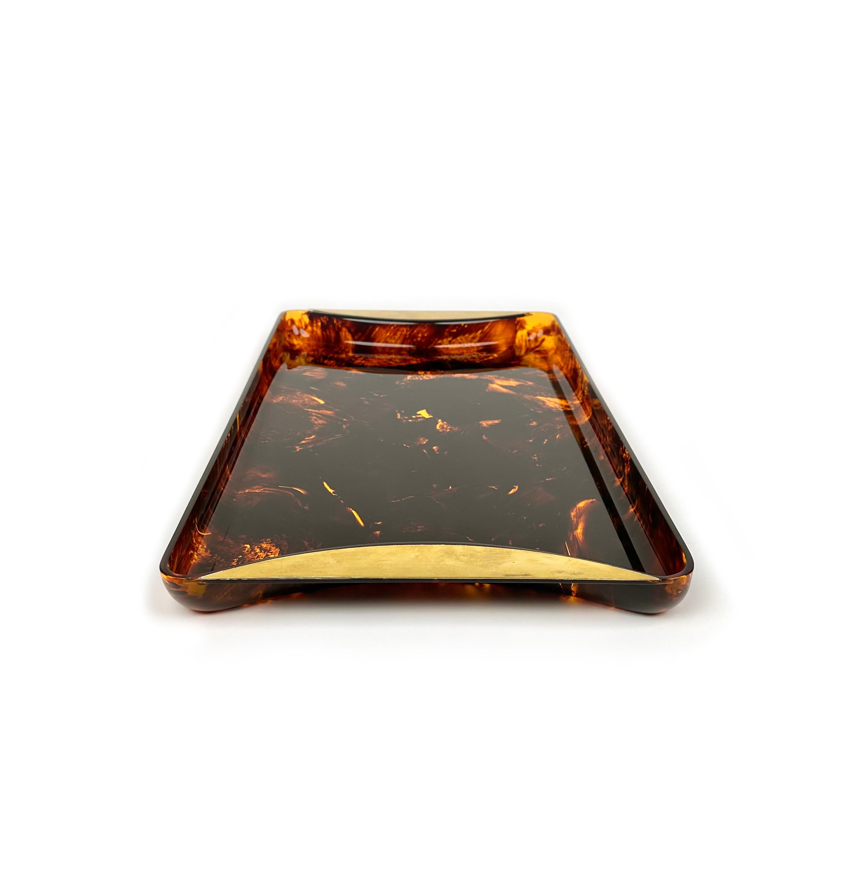 Mid-Century Tortoiseshell Lucite & Brass Serving Tray by Guzzini, Italy, 1970s For Sale 3