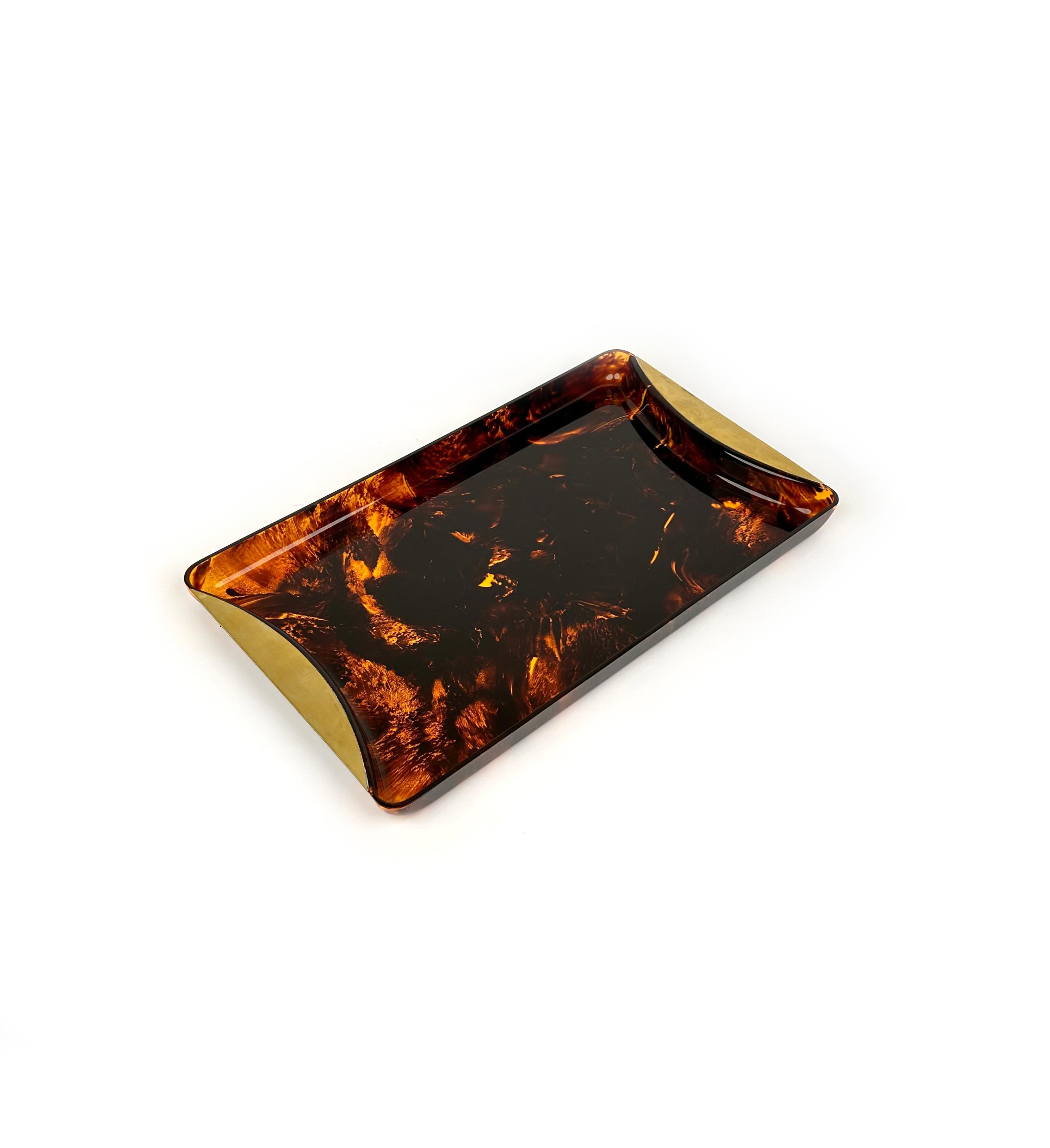 Mid-Century Modern Mid-Century Tortoiseshell Lucite & Brass Serving Tray by Guzzini, Italy, 1970s For Sale