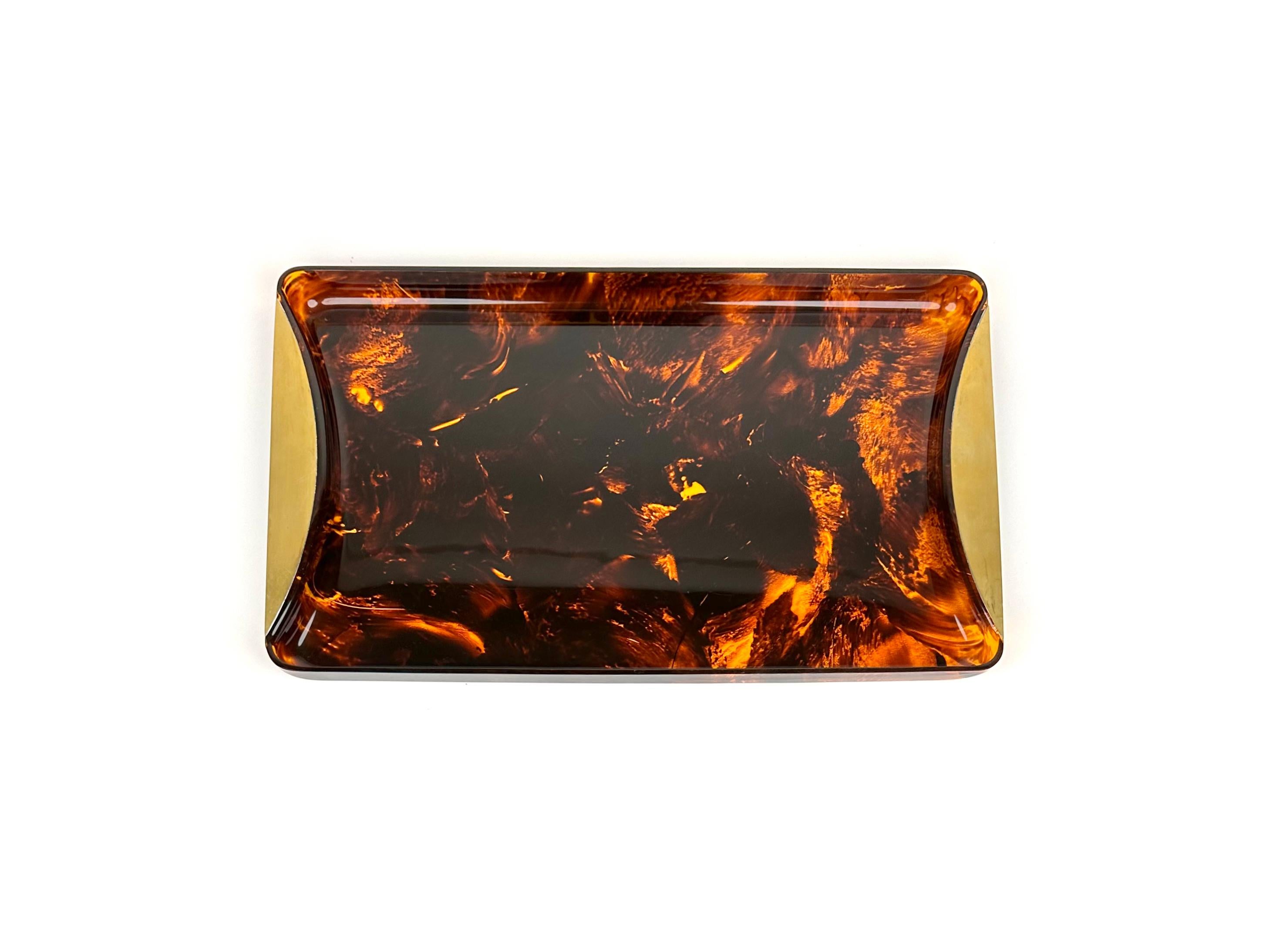 Italian Mid-Century Tortoiseshell Lucite & Brass Serving Tray by Guzzini, Italy, 1970s For Sale