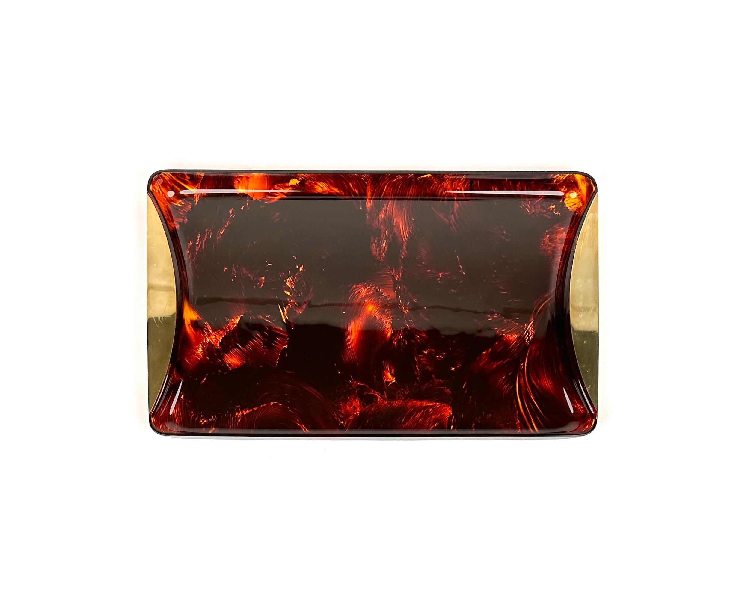 Late 20th Century Mid-Century Tortoiseshell Lucite & Brass Serving Tray by Guzzini, Italy, 1970s