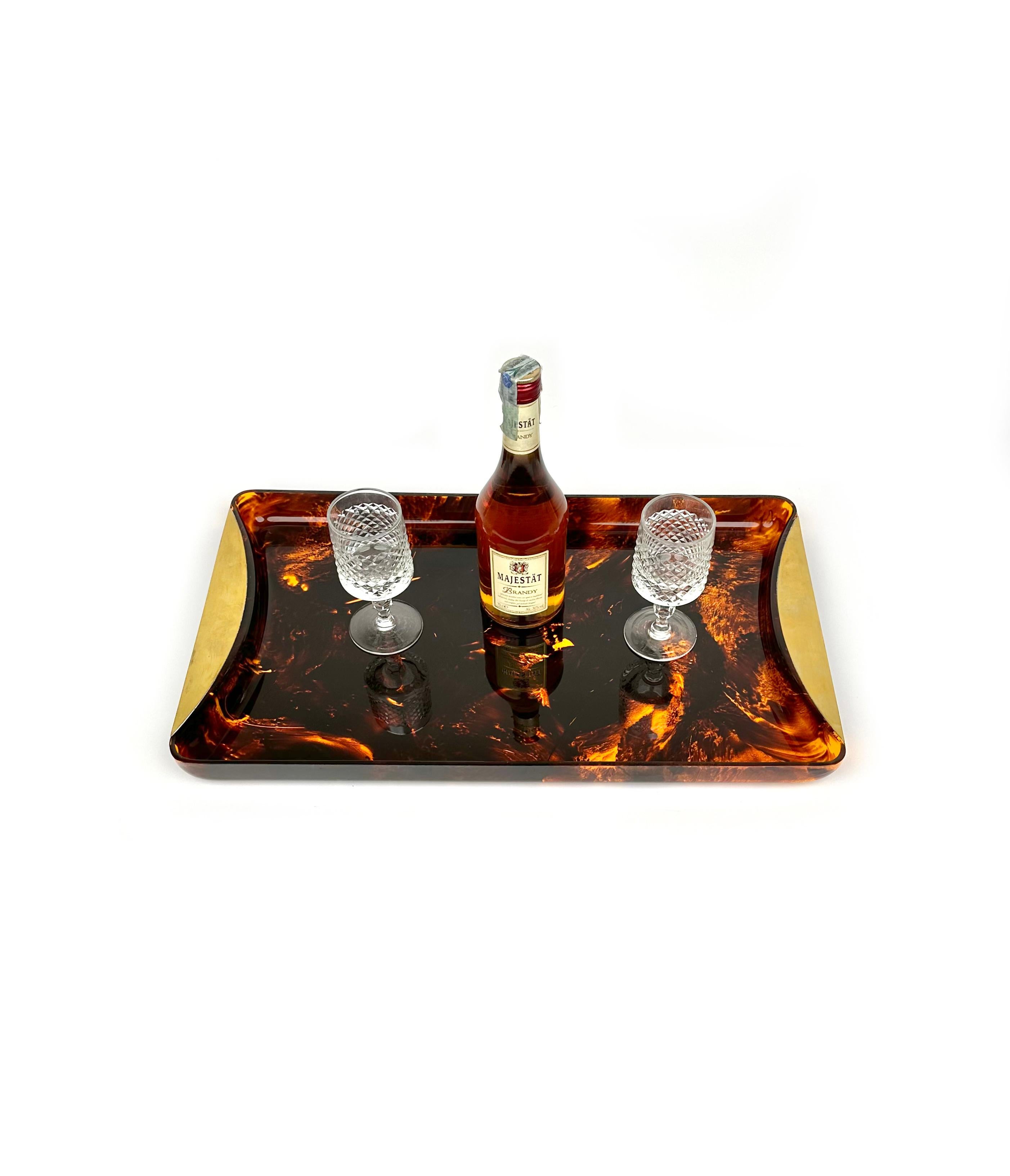 Mid-Century Tortoiseshell Lucite & Brass Serving Tray by Guzzini, Italy, 1970s For Sale 1