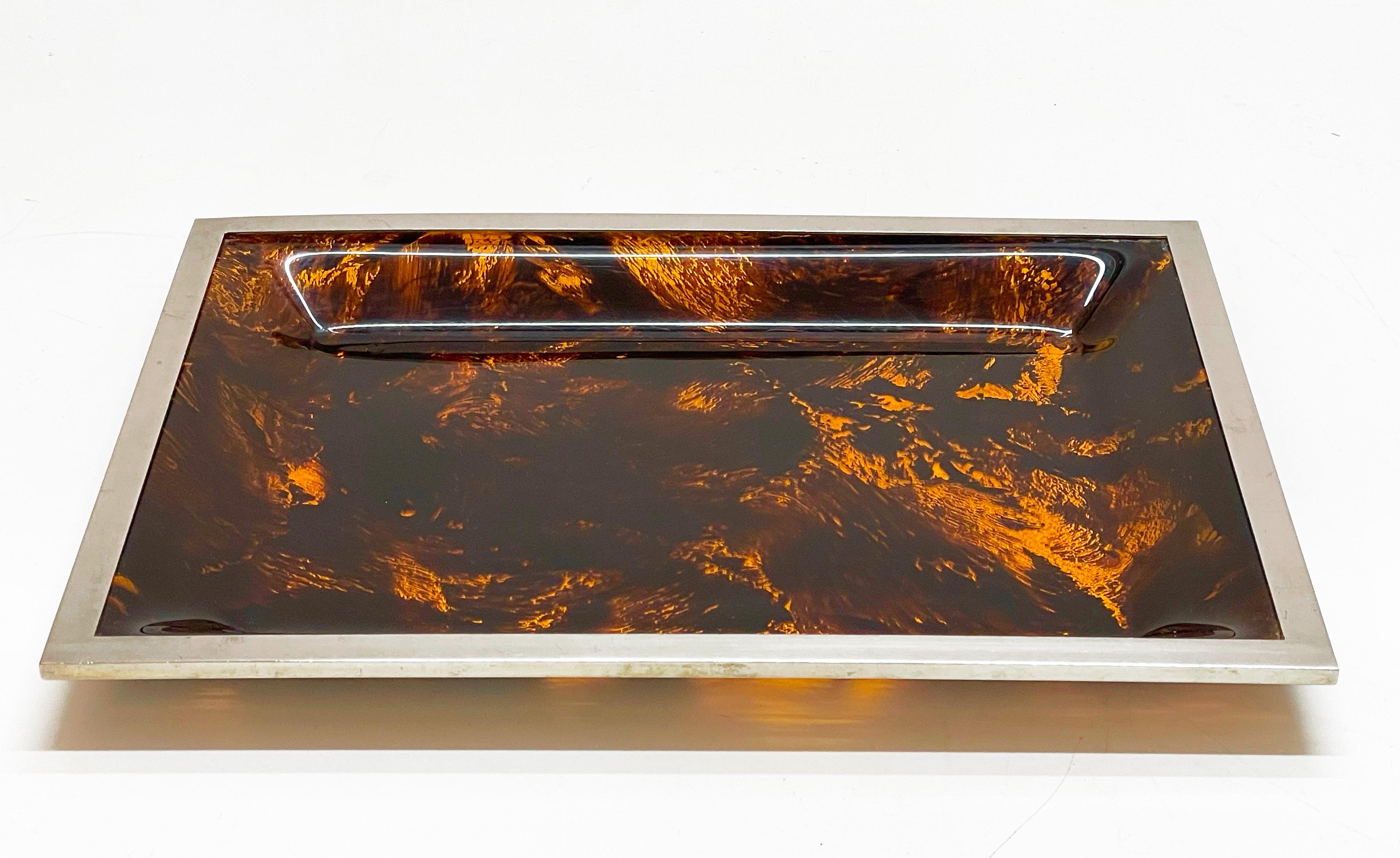 Midcentury Tortoiseshell Plexiglass Italian Serving Tray after Willy Rizzo 1970s For Sale 1