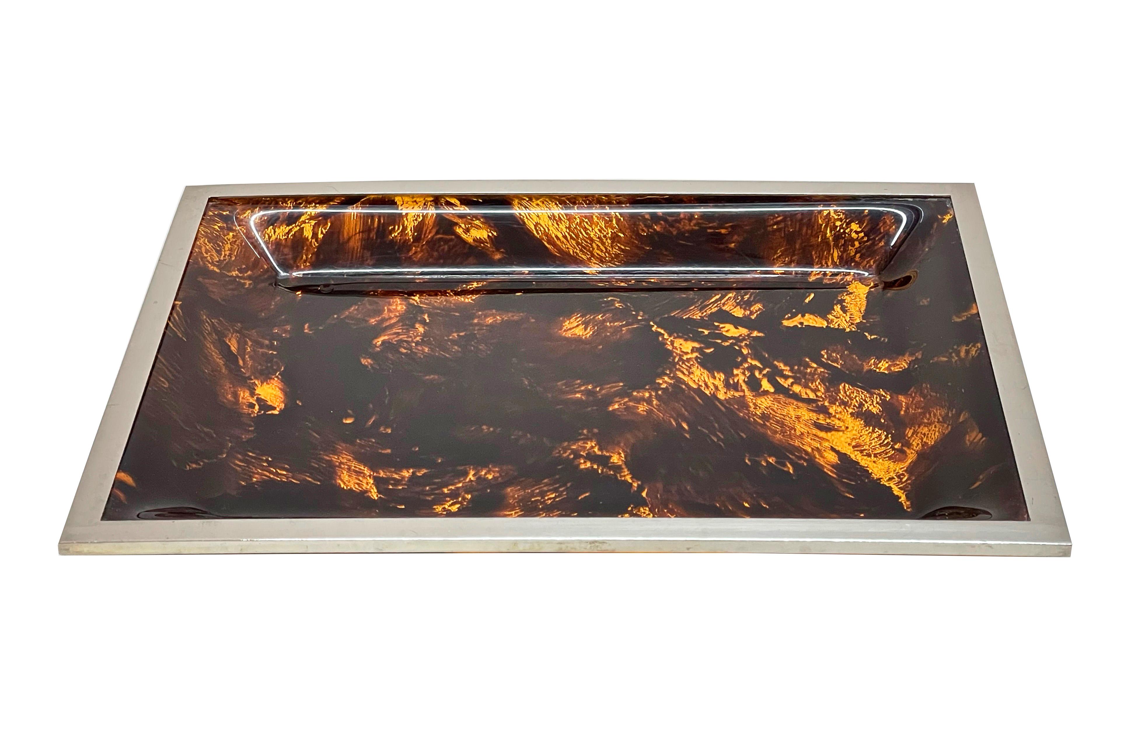 Midcentury Tortoiseshell Plexiglass Italian Serving Tray after Willy Rizzo 1970s For Sale 3