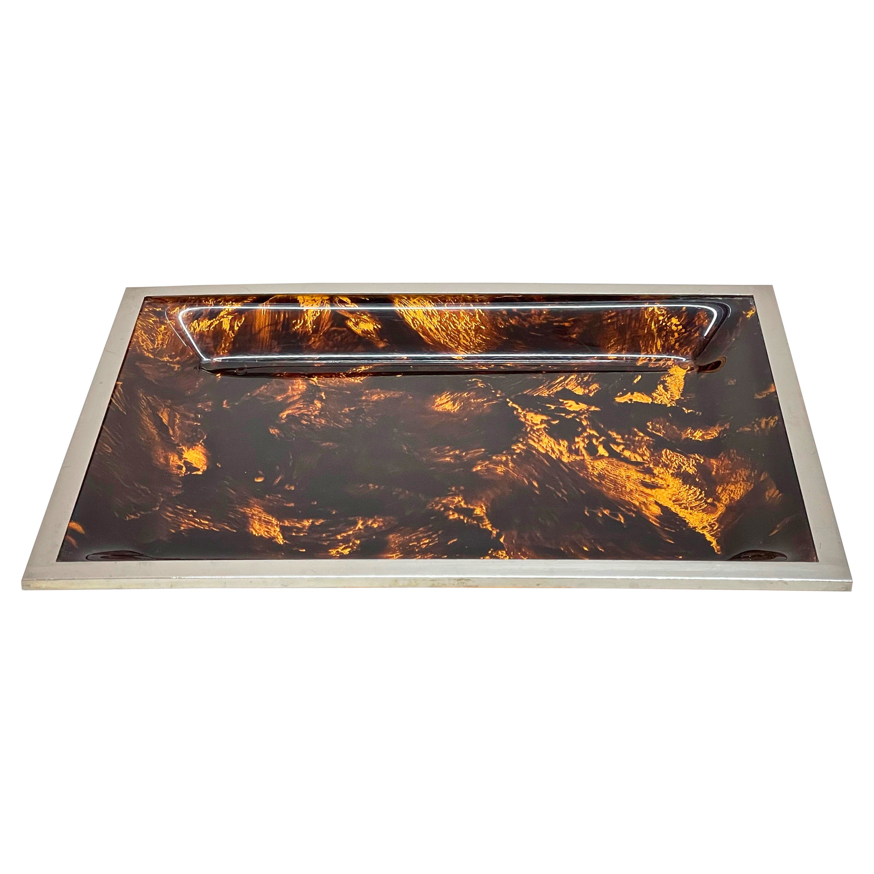 Plateau de service italien en plexiglas écaille de tortue du milieu du siècle dernier d'après Willy Rizzo, années 1970 en vente
