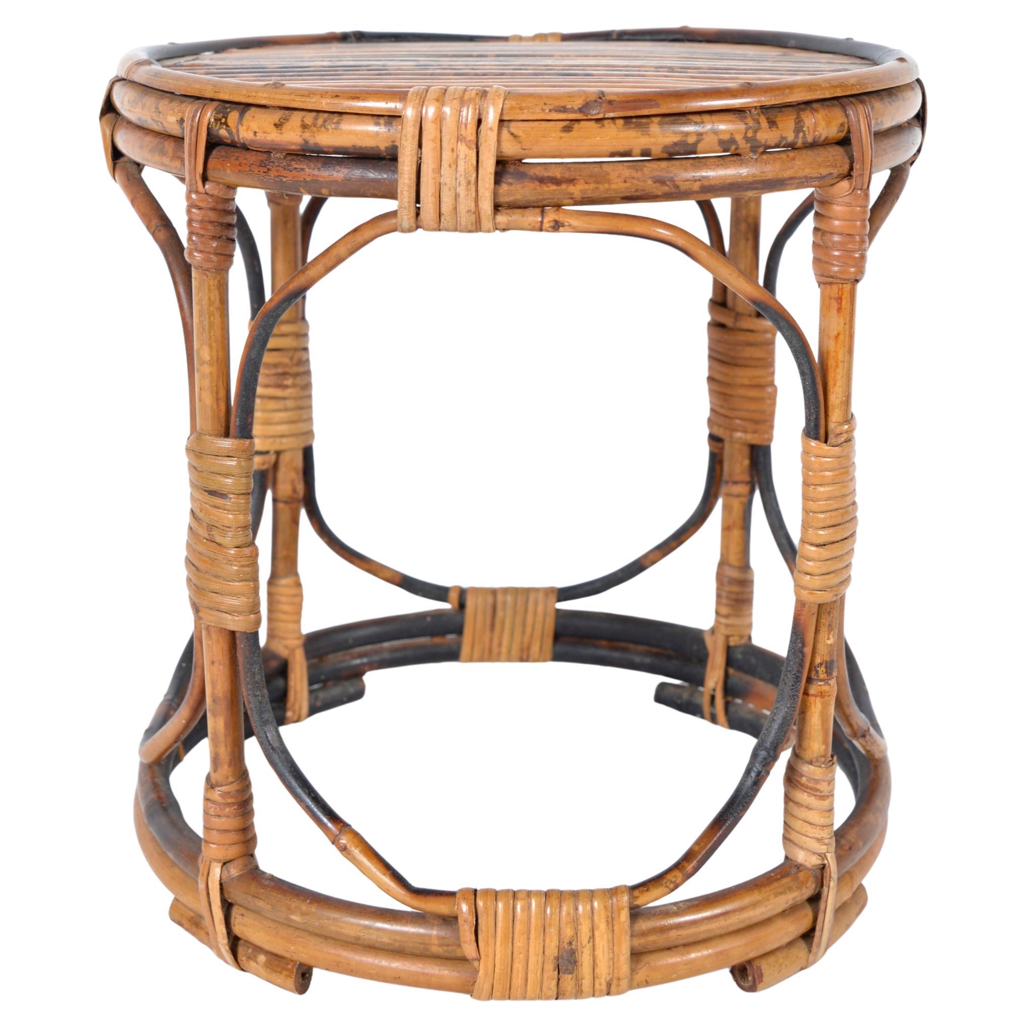 Midcentury Tortoishell Bamboo Wicker Sidetable Plant Stand Jardiniere Tiki For Sale