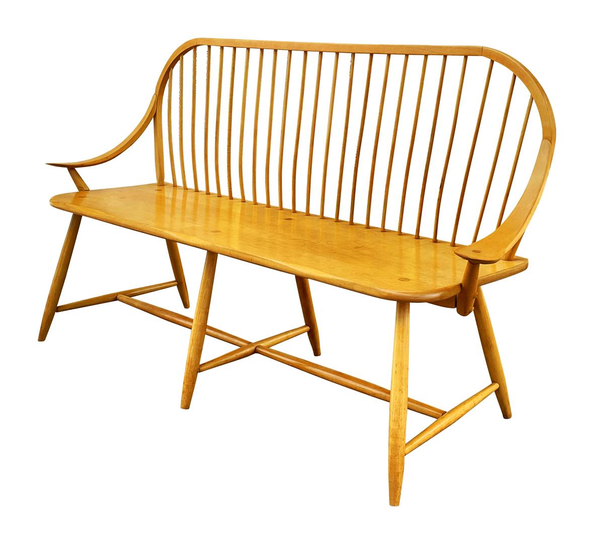 American Midcentury Transitional Modern Spindle Back Bentwood Settee Bench in Maple