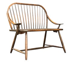 Midcentury Transitional Modern Spindle Back Bentwood Settee Bench in Walnut