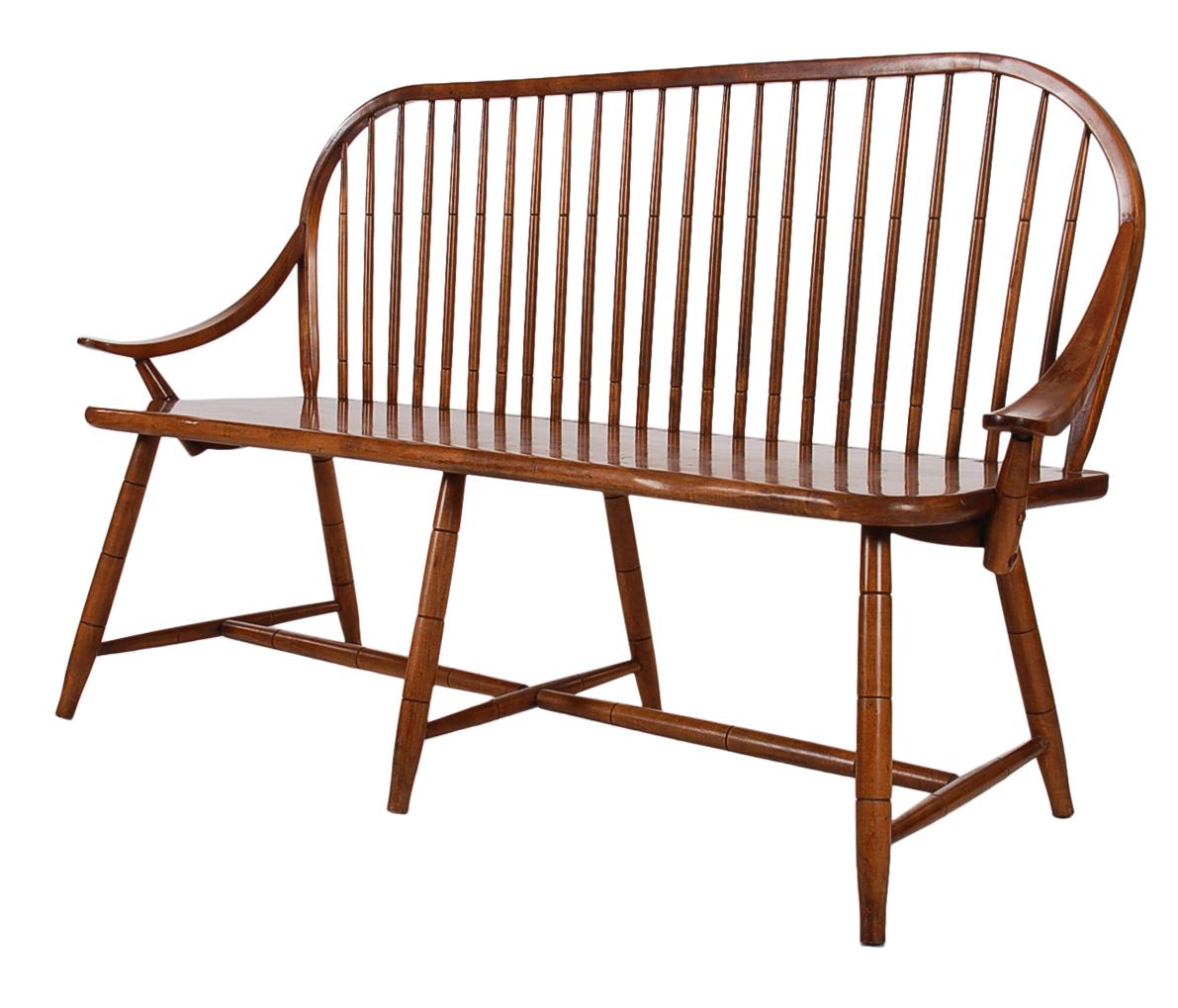 Midcentury Transitional Modern Spindle Back Bentwood Settee Bench in Walnut In Good Condition In Philadelphia, PA
