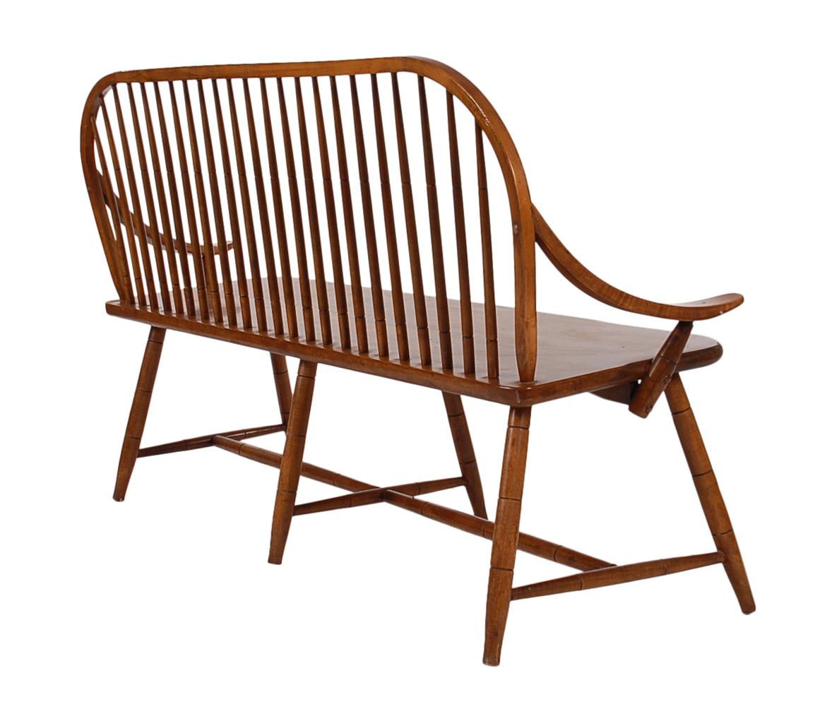 Midcentury Transitional Modern Spindle Back Bentwood Settee Bench in Walnut 1