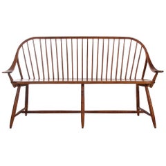 Retro Midcentury Transitional Modern Spindle Back Bentwood Settee Bench in Walnut